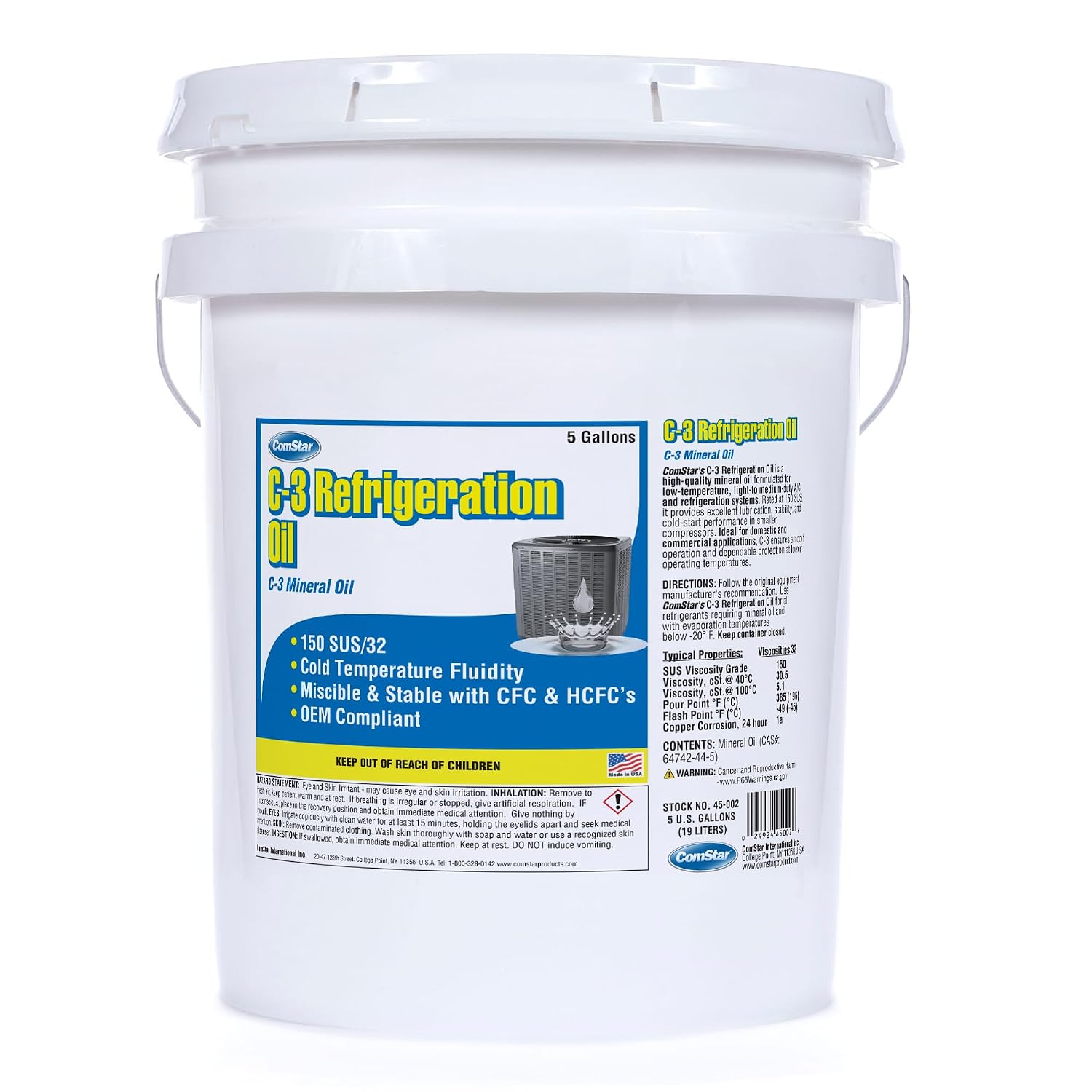 Mineral Refrigeration Oil C-3/GS, 32/150 SUS, 5 Gallons, Designed for A/C & Refrigeration Compressors, High-Speed Compressor Oil, Suitable for Low-Temperature Applications (45-002)