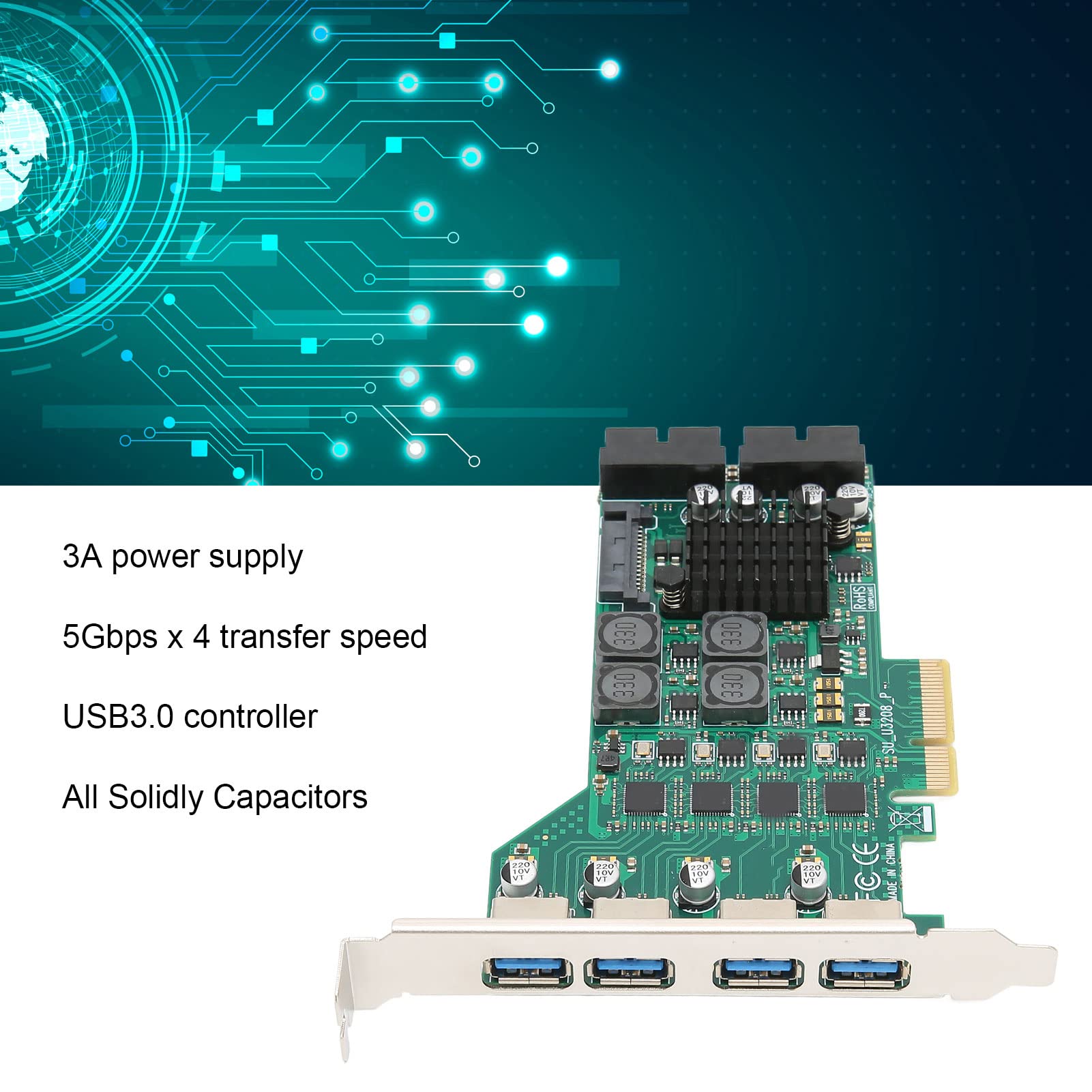 Scheda di Espansione PCIe USB a 4 Porte, Scheda di Espansione da PCIE a USB 3.0 con 4 Canali Indipendenti da 5 Gbps, Scheda Adattatore PCI Express USB 3.0 di Alimentazione 3A, per