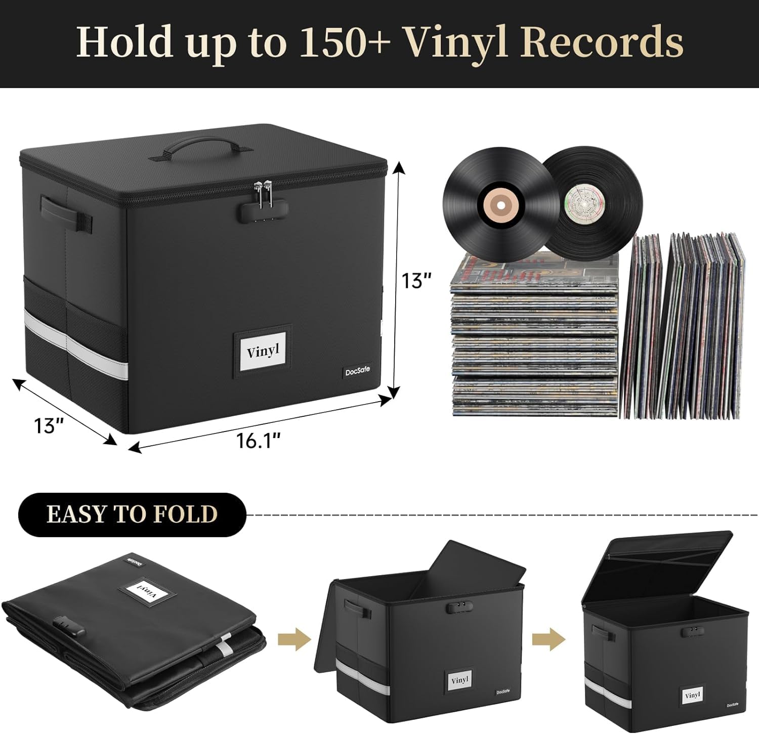 DocSafe Feuerfest Schallplatten Aufbewahrungsbox Vinyl Schallplattenkoffer mit Schloss Plattenkoffer zur 150 Schallplatten,Zusammenklappbare Aufbewahrungskiste für die Aufbewahrung Wertvoller Alben