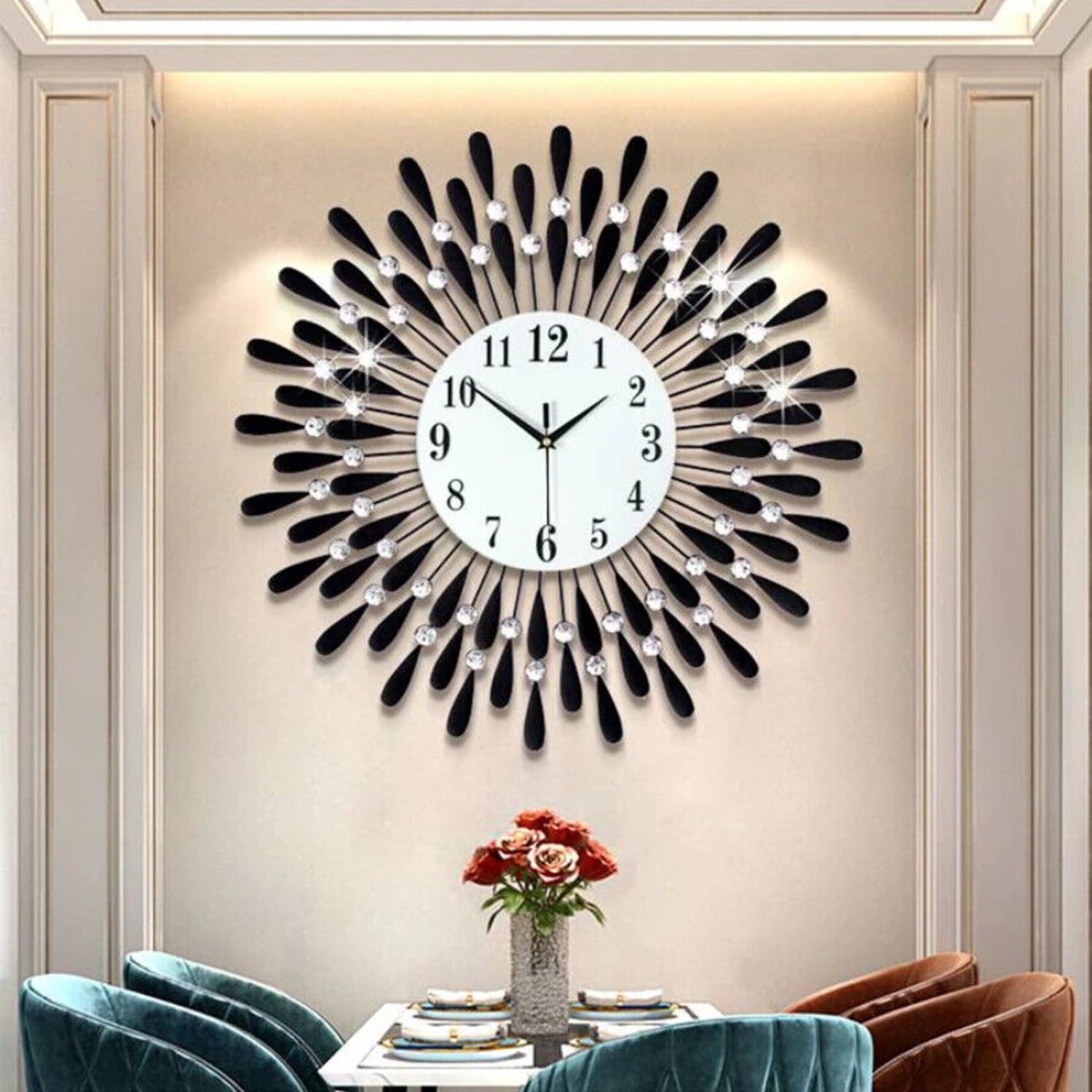 60cm Diamond Jeweled Wall Clock Stylish Diamond Sunflower Silent Non-ticking Modern Metal Round Sparkly Arabic Numeral Decorative Large Wall Clocks for Bedroom Kitchen Home Decor Black