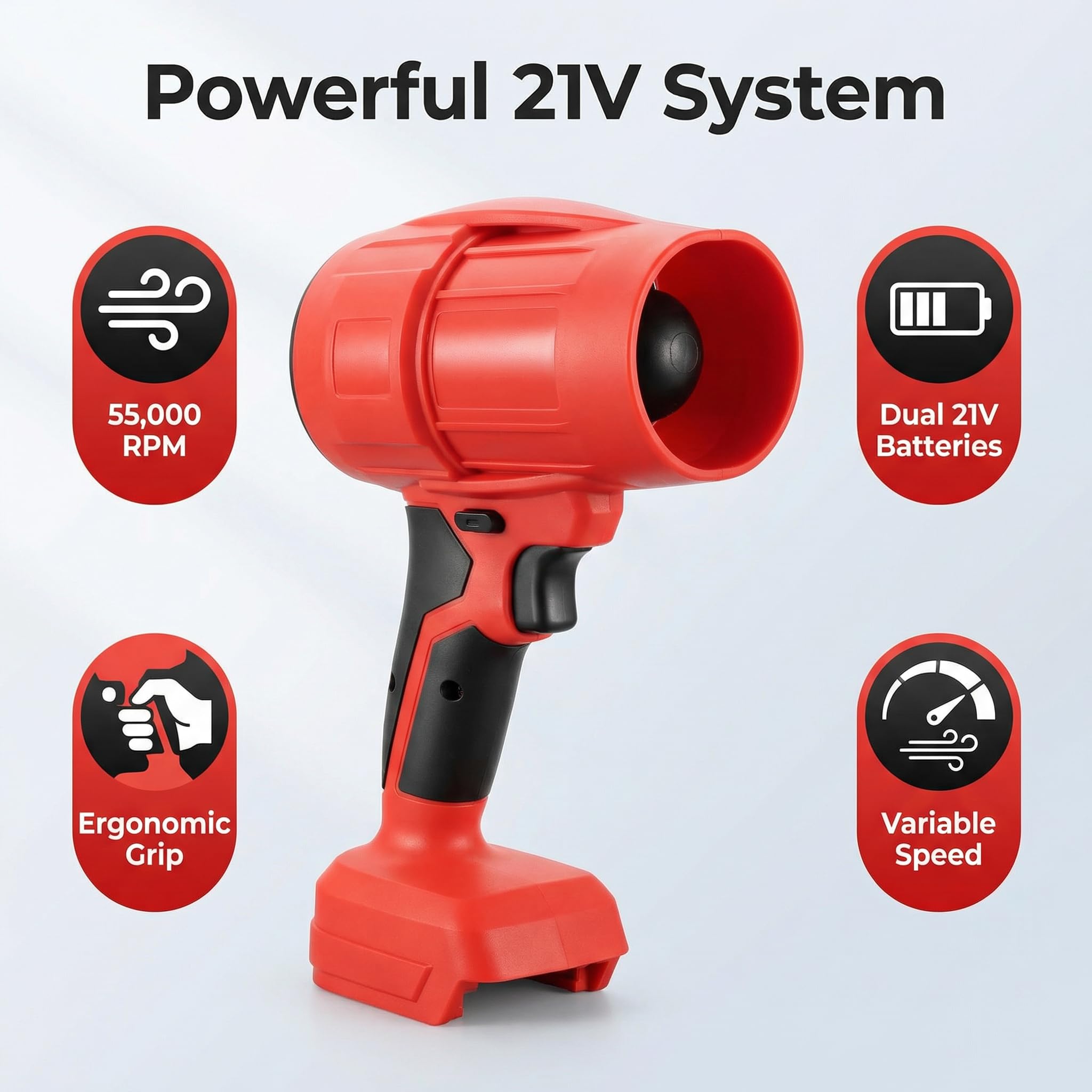 Soplador de hojas eléctrico, soplador de hojas inalámbrico de 21 V, 2 baterías de 4.0 Ah, soplador eléctrico de mano, ideal para limpieza de patio, mantenimiento del césped y soplar hojas