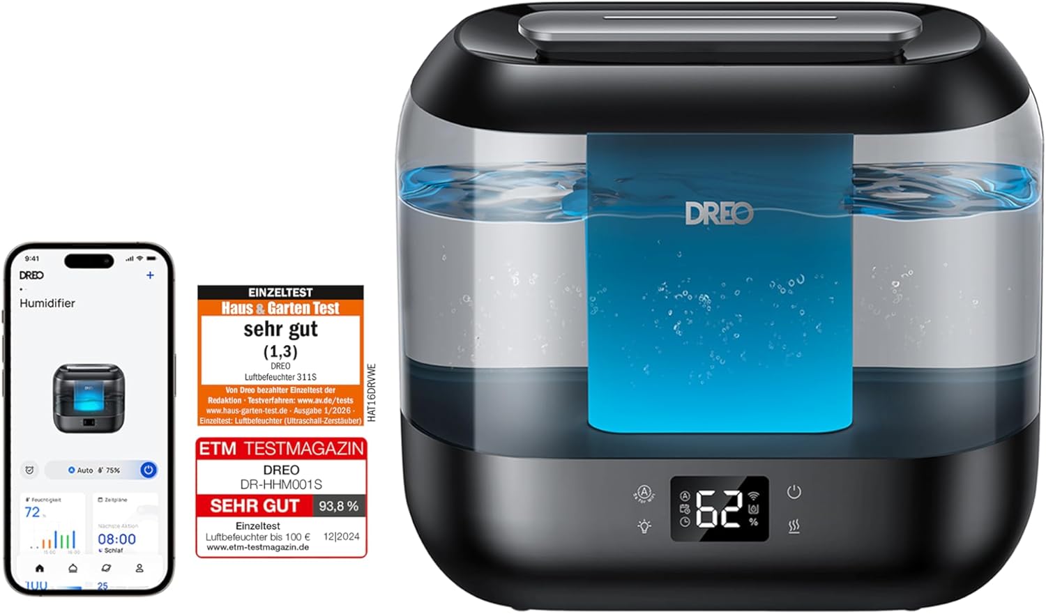 Dreo Smart Luftbefeuchter für Schlafzimmer, oben befüllbarer 4L Supergroßer Kühler Nebel Humidifier mit Öl Diffusor und Nachtlicht, 36 Stunden Laufzeit, leiser Ultraschall Luftbefeuchter Zuhause