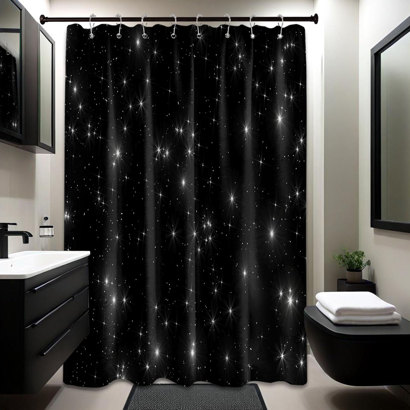 Tonmue Star Space Shower Curtain Black and White Night Sky Galaxy Bathroom Decor, Waterproof Cloth Fabric with Hooks 48" Wx72 L