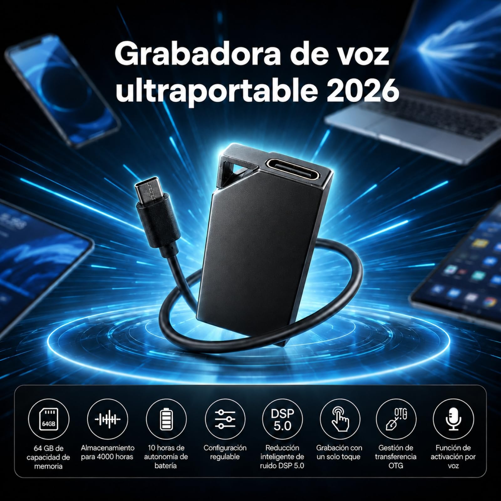 Grabadora de Voz Espia con Memoria de 64GB, Mini Grabadora de Voz Espía Oculta con DSP 5.0 Reducción de Ruido y Activación por Voz con Audio HD para Clases Reuniones Entrevistas y Uso Diario