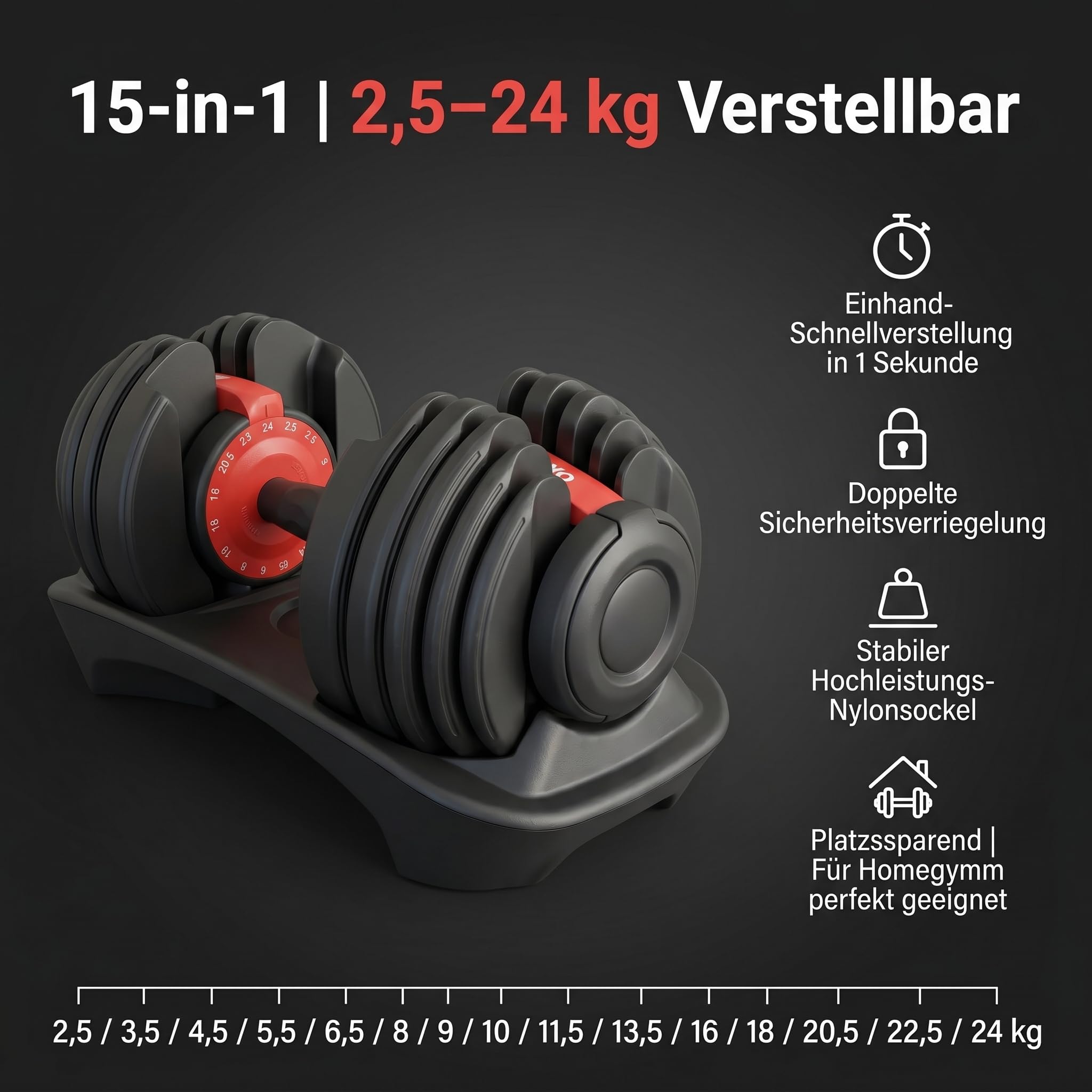HAKENO 2x24kg/40kg Verstellbare Hanteln 15 in 1 Hantelset Einstellbare Platzsparende Hanteln, Kraftraining und Heimtraining Variable Gewichte platzsparend（24-40kg）