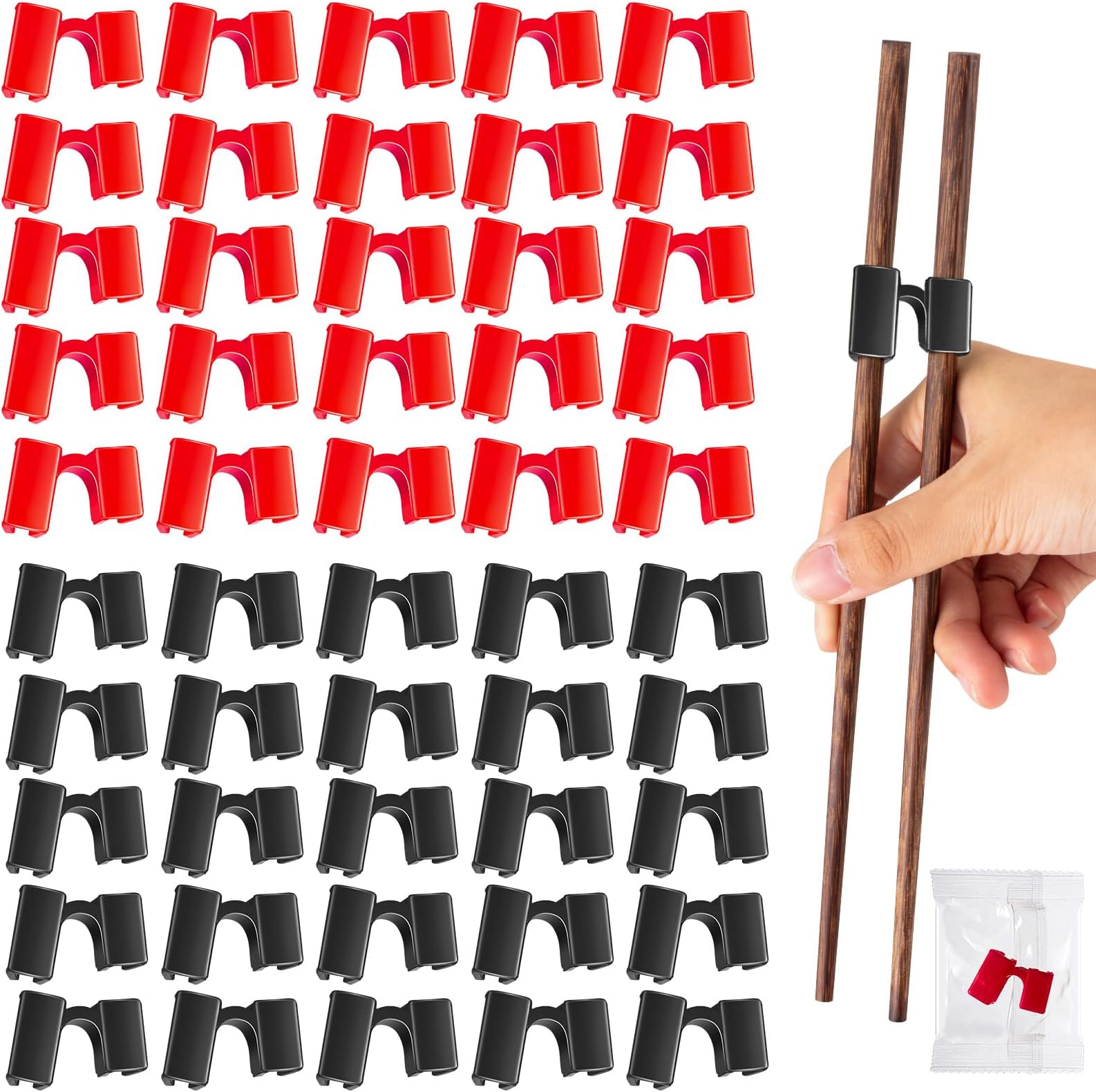 Suttmin 200 Pcs Reusable Chopsticks Helper Chopstick Trainer Multicolor Training Chopsticks Hinges Connector Red Black Plastic Practice Chinese Chop Stick Helper for Adult Learner Beginner Arthritis