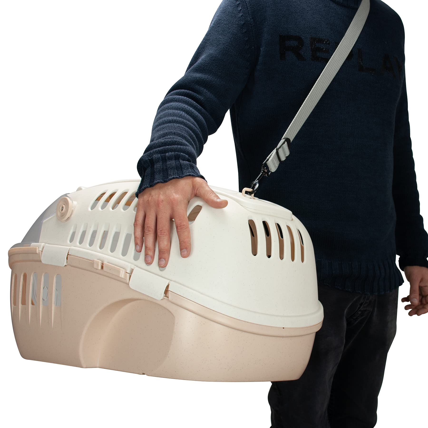 LOBOO - Bubble Sand Beige Tiertransporter, mit gut sichtbarer Kuppel, Schiebegriff und abnehmbarem Boden mit Schwenkrädern