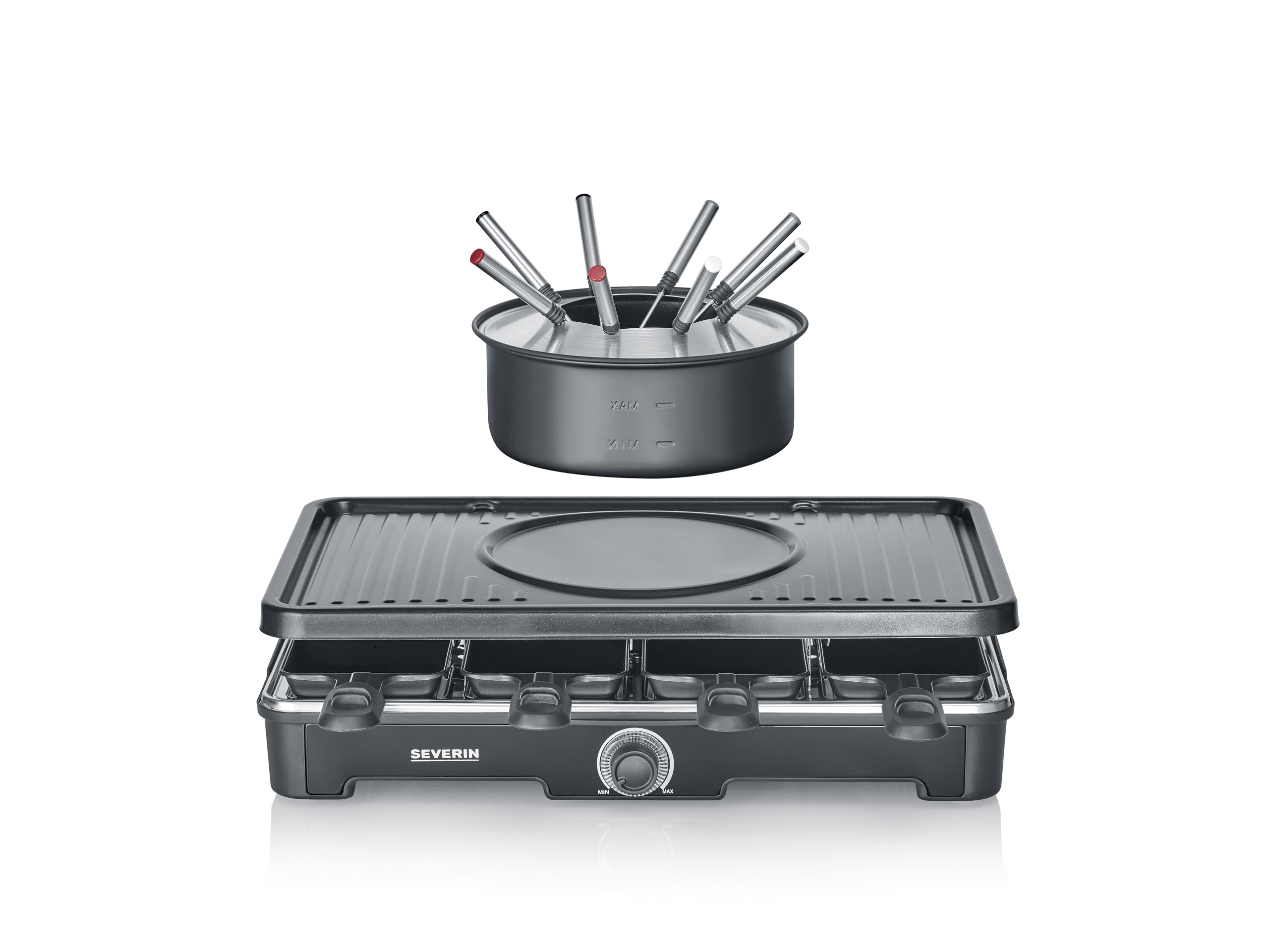 SEVERIN Appareil à Fondue et Raclette pour 8 personnes, Appareil à raclette 2 en 1 avec Plaque de cuisson et Service à fondue, Inclus 8 poêlons, spatules et fourchettes à fondue, Noir, RG 2347