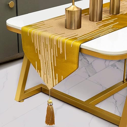 Camino de mesa dorado de 98 pulgadas de largo, contemporáneo, abstracto, a rayas con borlas de lujo para tocador, mesa de comedor, soporte de TV,