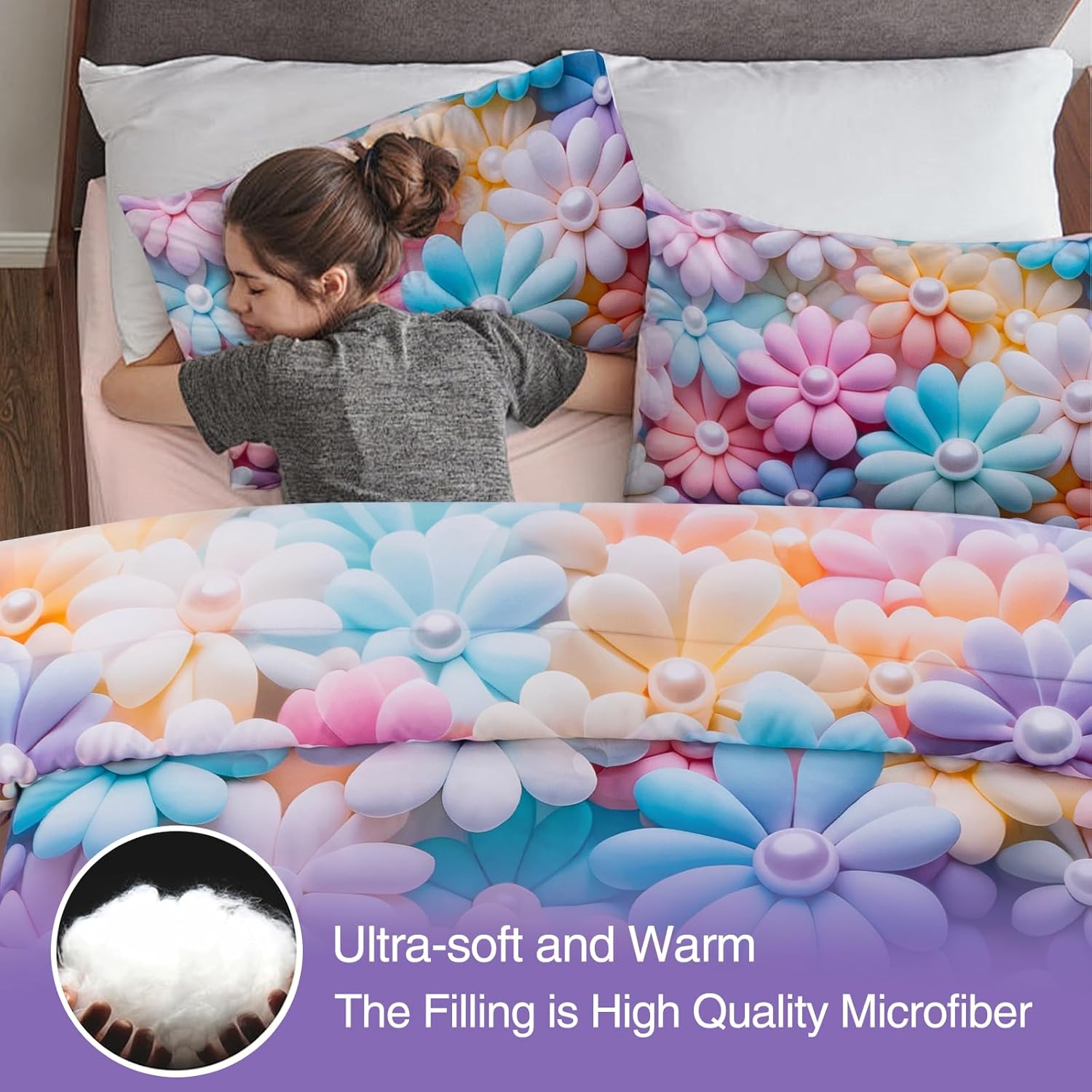 A Nice Night Stunning Blooming 3D Flower Floral Comforter Sets, with Pearl Flower Core Pattern Bedding Set for Girls Full Size, Ultra Soft Bedding Sets (Blue-Purple, Full 6Pcs)