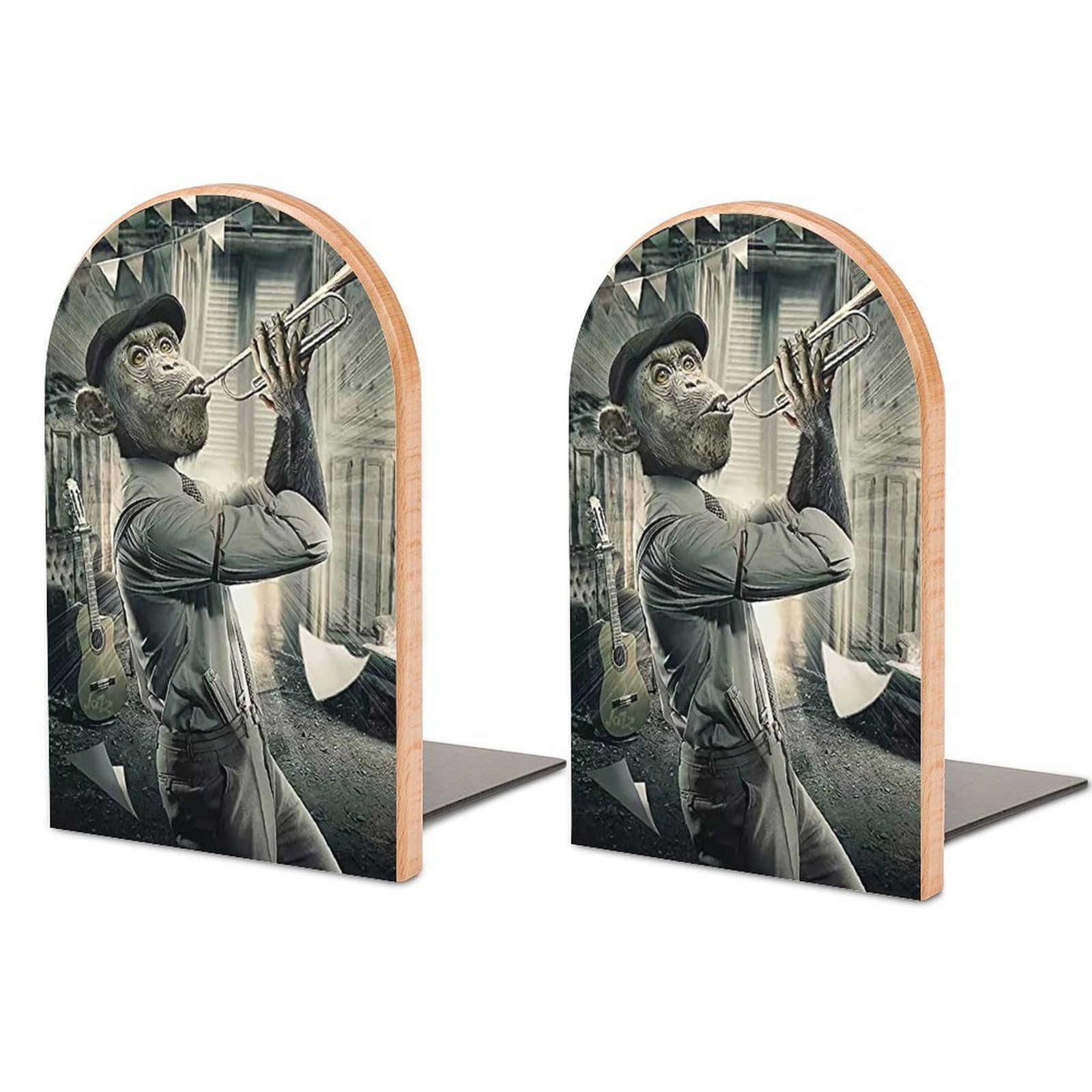 Monkey Beech Wood Bookends Heavy Duty Book Organizers Desktop File Holder for Office Home Bookshelf