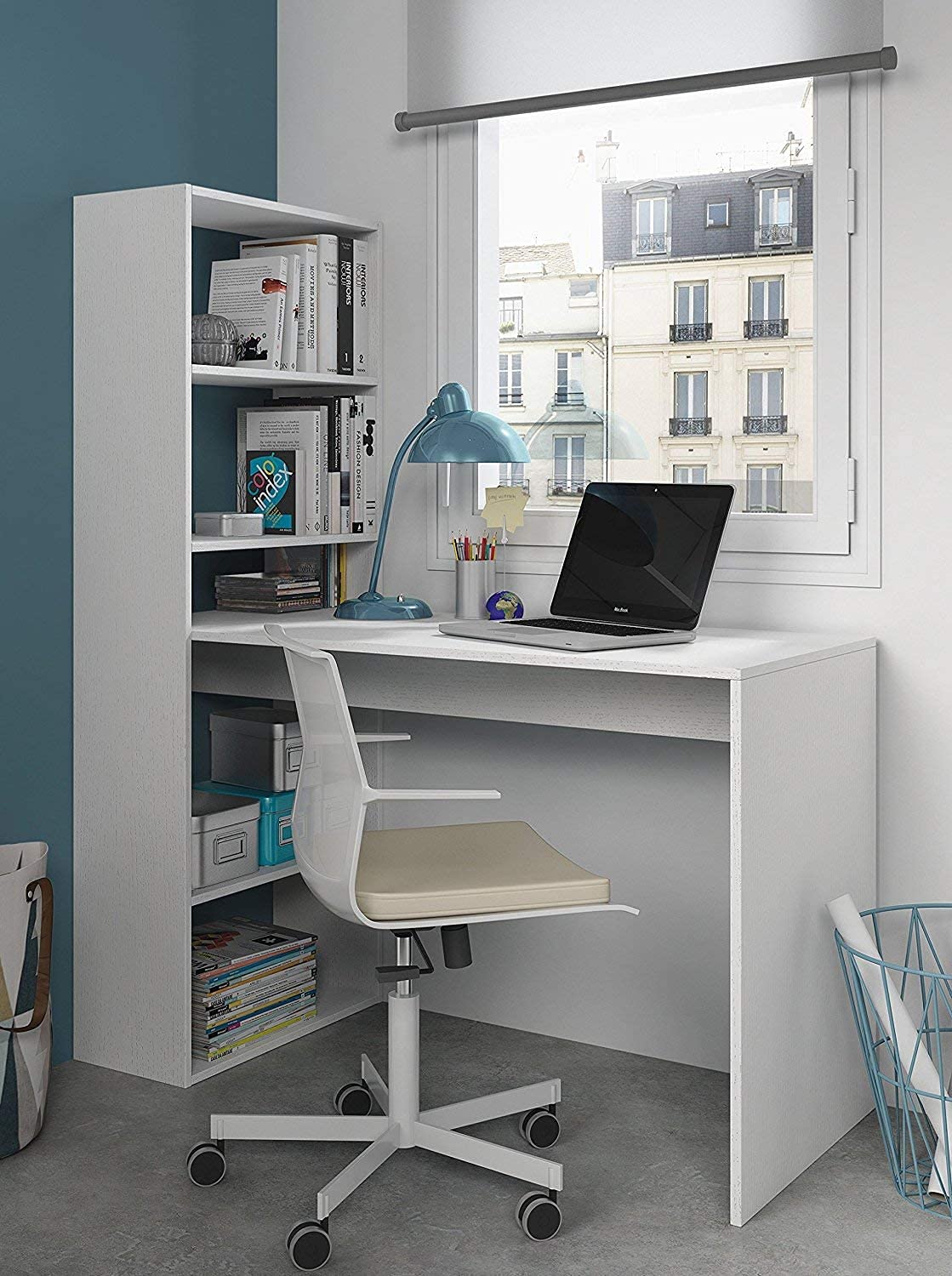 Bricozone Kirkensen Bureau avec bibliothèque réversible, pour Bureau, Salon, Salle à Manger, 120 x 144 x 53 cm, Blanc