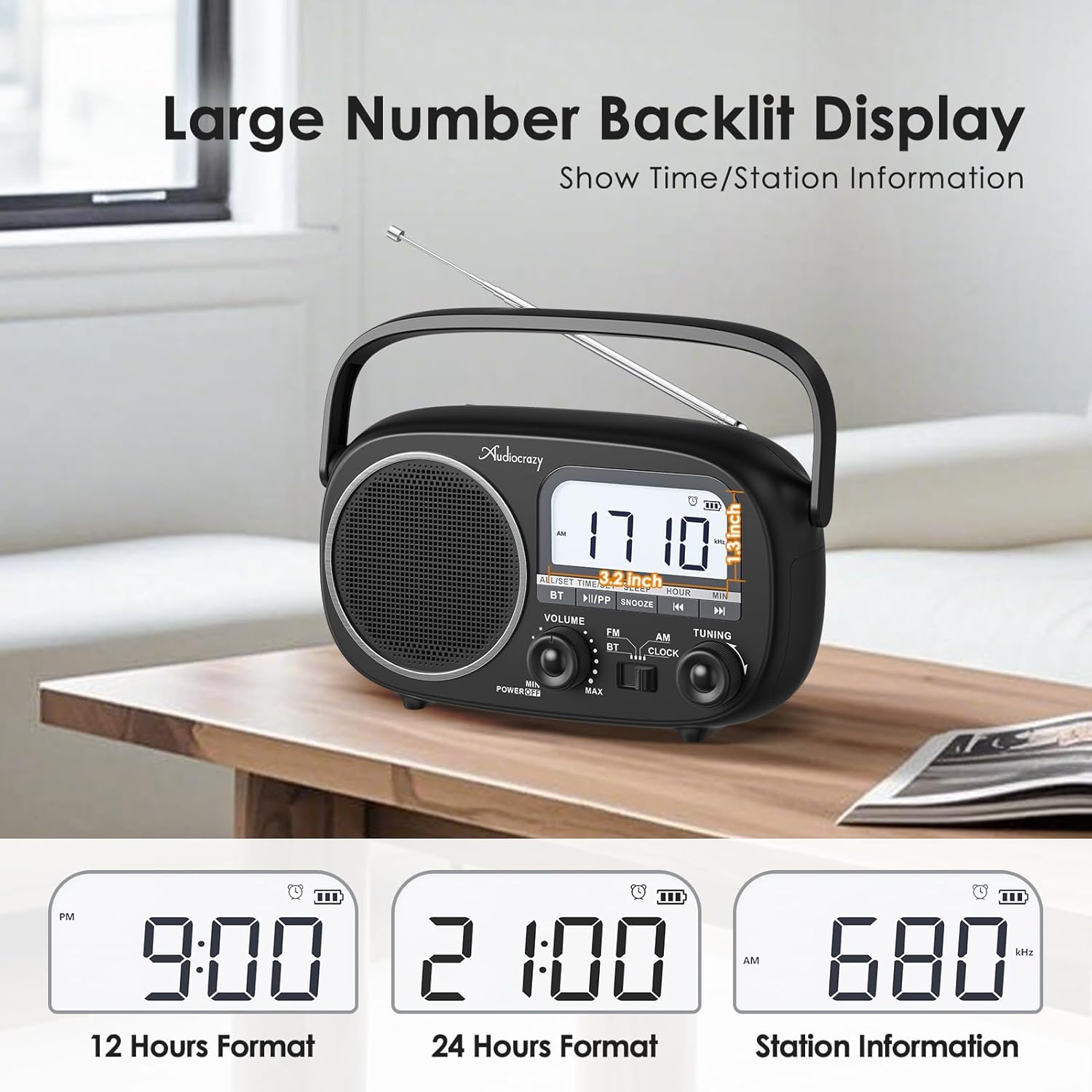 LCD display showing 12-hour format, 24-hour format, and station information