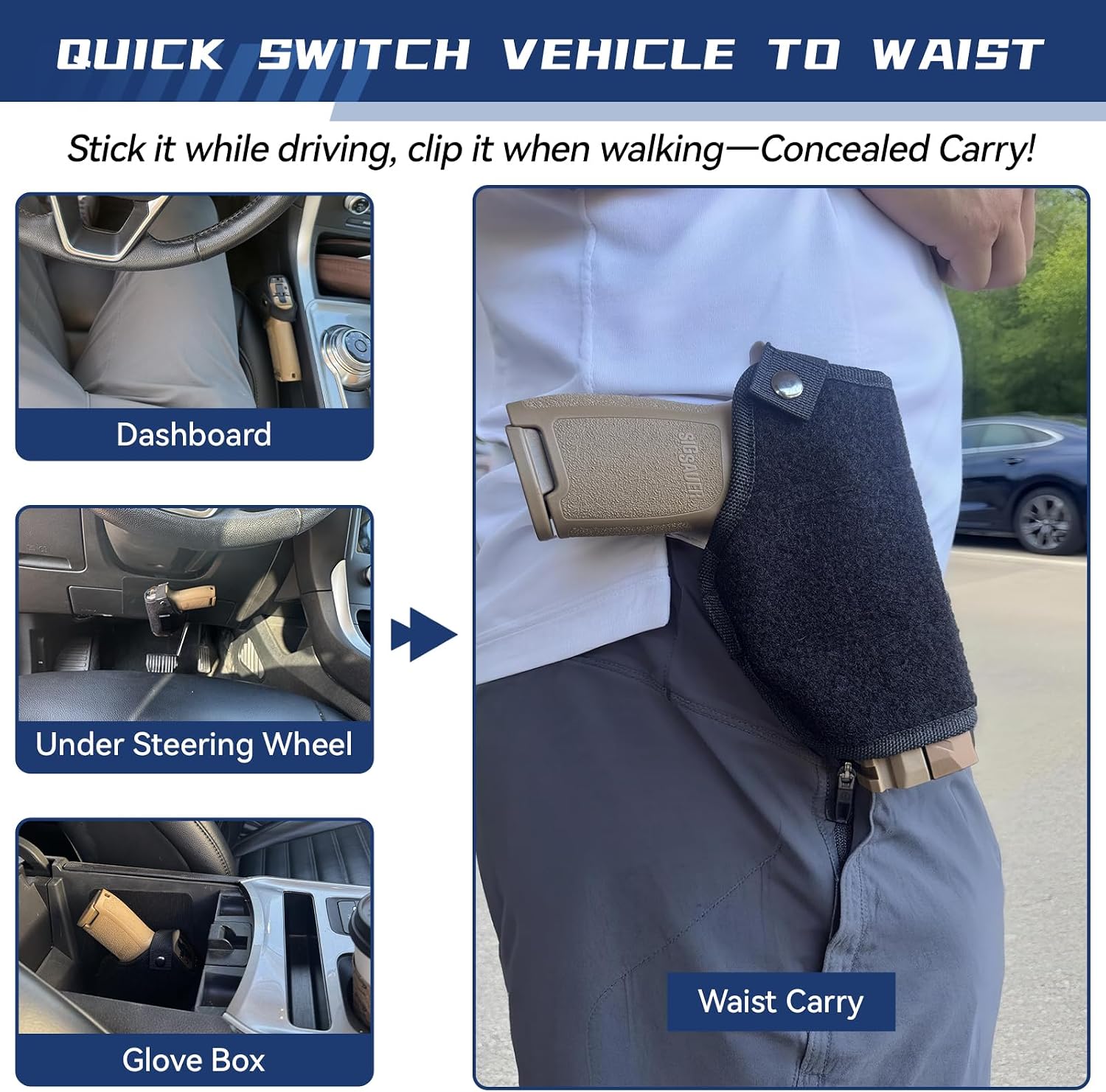 WarBull Concealed Carry Car Gun Holster with 3M Hook Pads, No Drilling Mount Pistol Holster for Men & Women, Gun Holder with Retention Strap for Backpack, Vest, Fanny, Vehicle