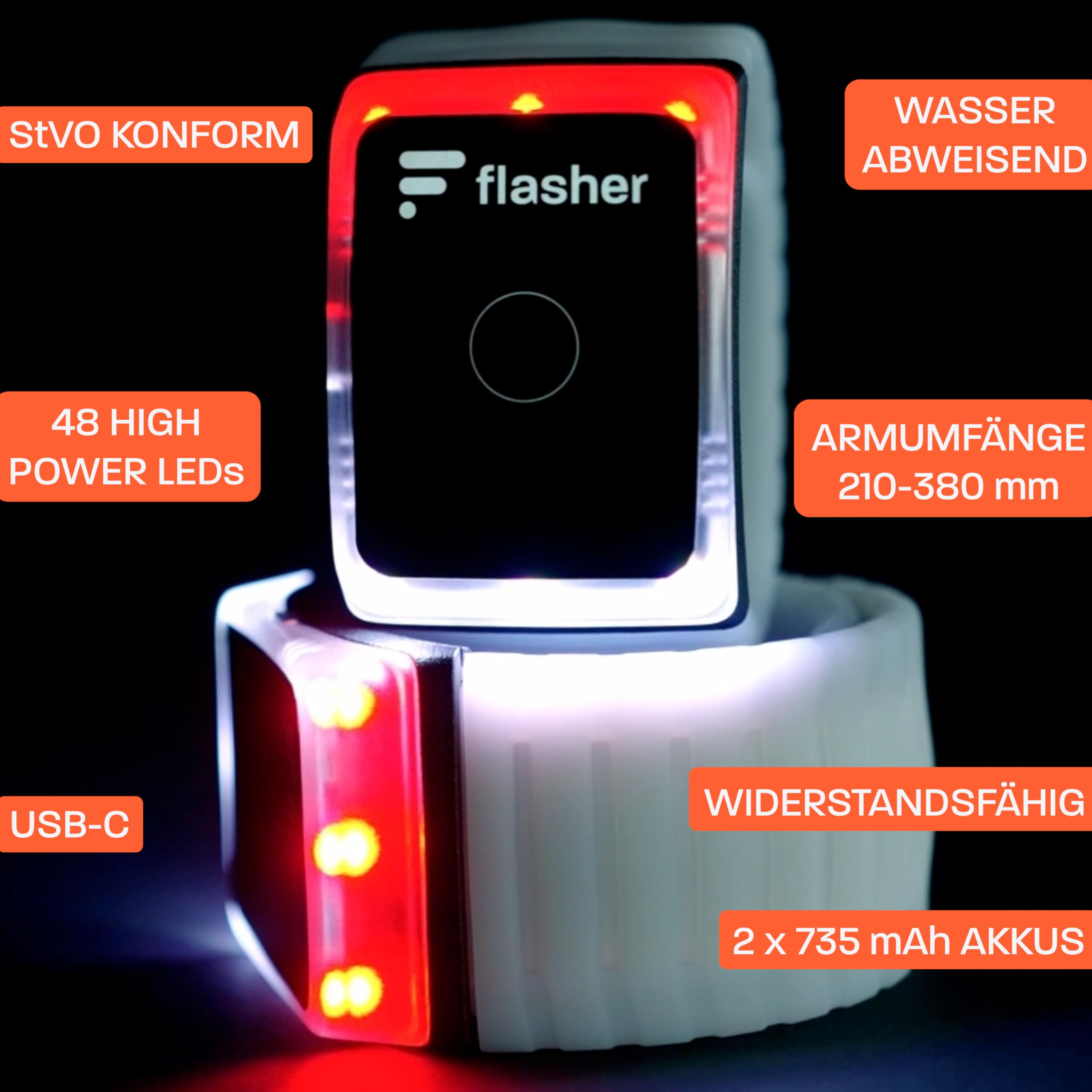 Flasher Patentierte Blinker Armbänder für Fahrrad, E-Scooter, Läufer | Smartes Bremslicht, Blinklicht, Frontlicht, Rücklicht | Die Höhle der Löwen