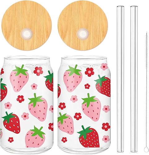 Whaline Paquete de 2 vasos de café helado de fresa, color rojo y rosa, lindos vasos de cerveza con tapa, cepillo de limpieza para regalos de oficina
