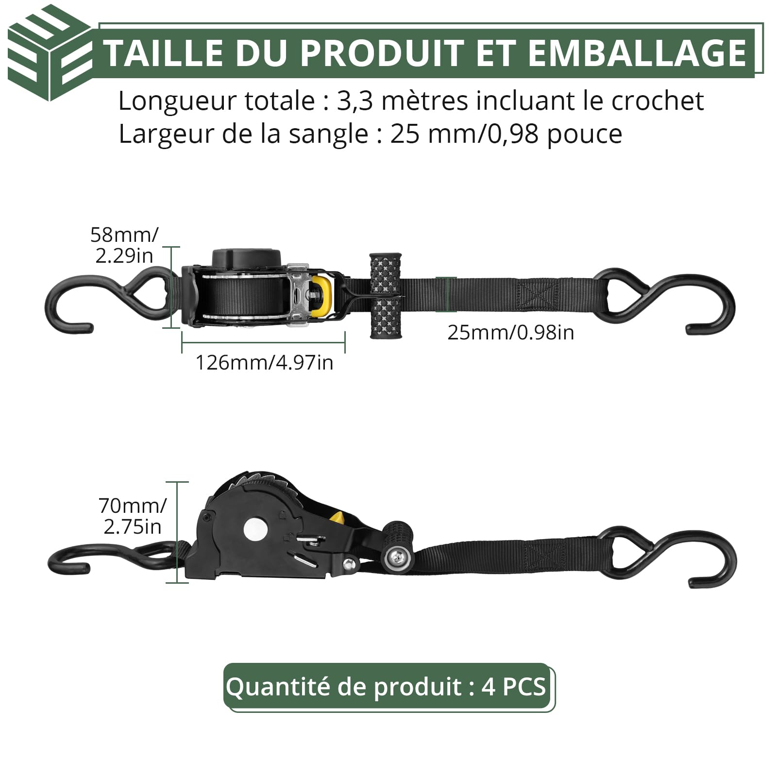 EYPINS 4 Pièces Sangle à Cliquet Auto-Rétractable avec Poignée 25mm x 3.3m,Capacité de Charge Directe 340kg,en U 680kg-Pour Remorque,Moto,Voiture Résistance aux UV et Usure Conforme en 12195-2