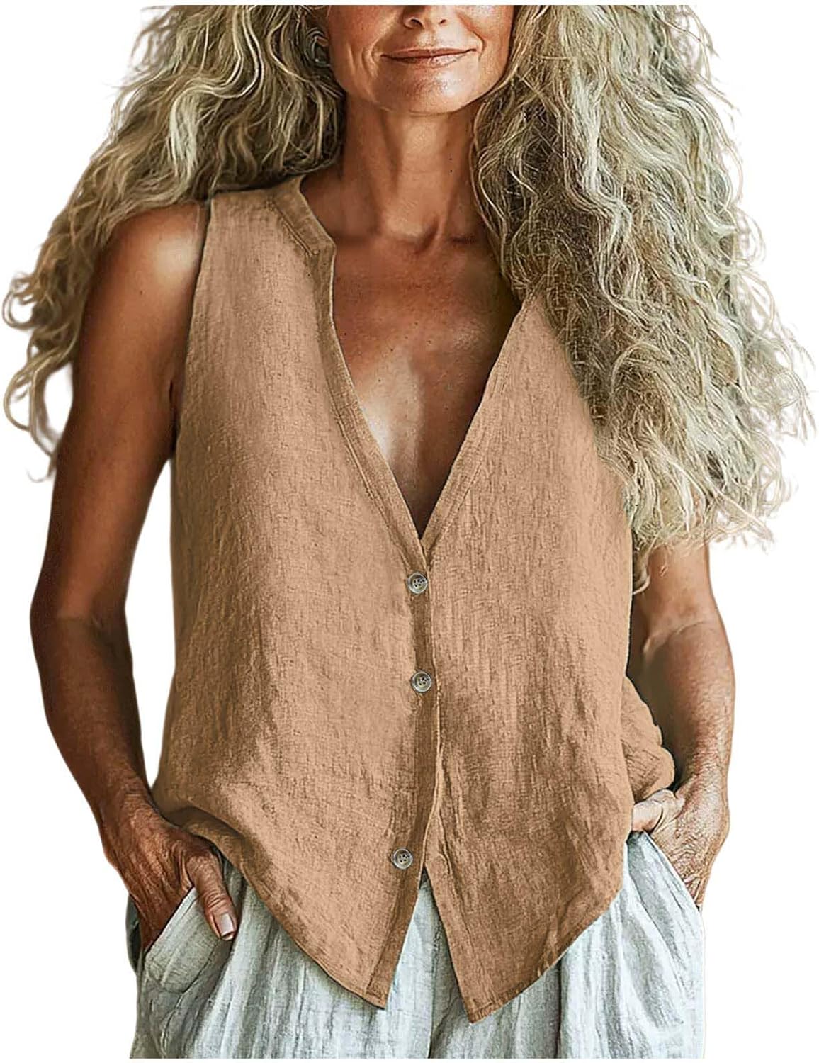 Womens Linen Tank Tops Sleeveless V Neck Button Down Vest Summer Casual Loose Fit Blouse Going Out Outfits