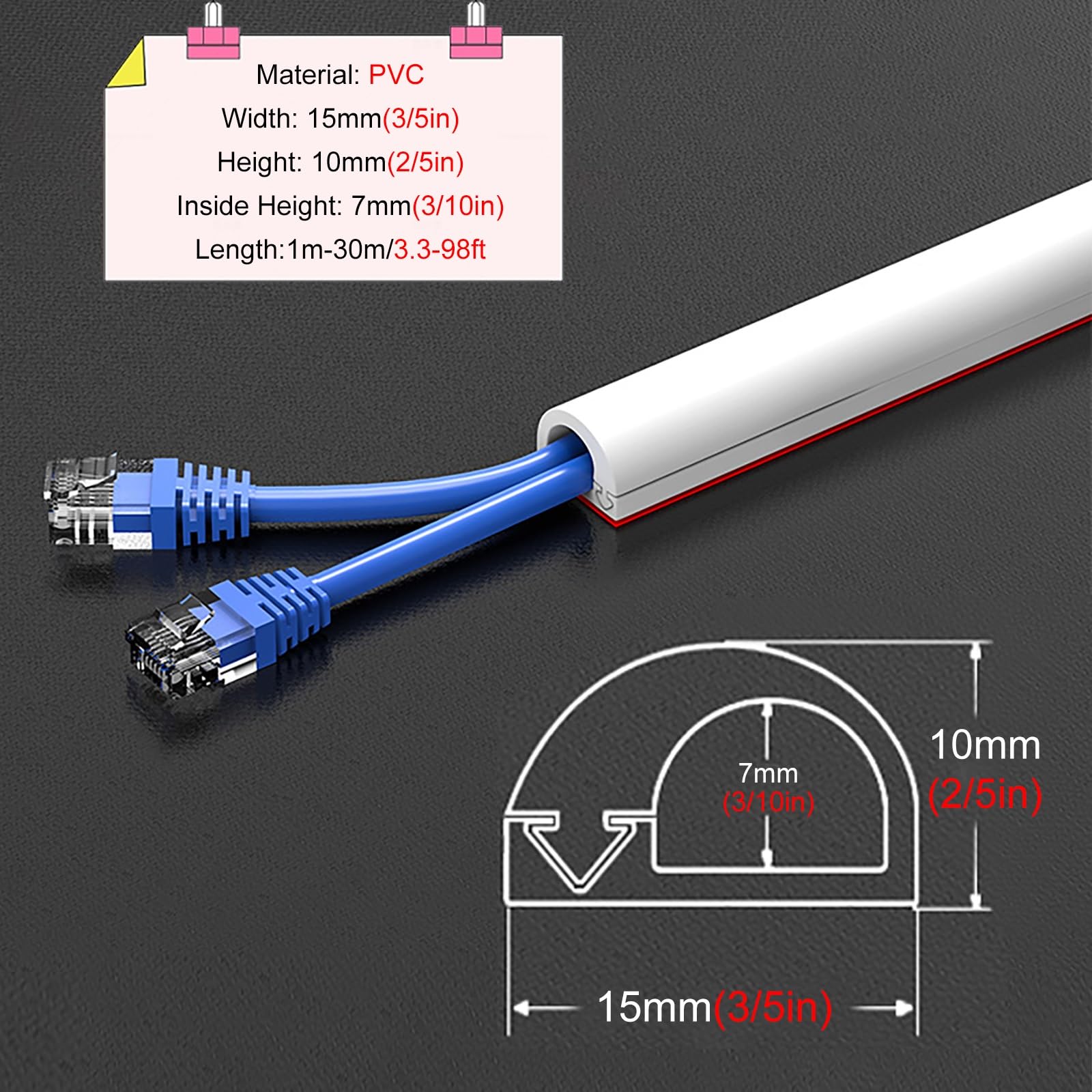 Cubiertas de suelo para cables Escondites de cables para TV montada 1 3 5 9 13 15 21 27 29 30 M, cubiertas de alambre semicirculares para cables en la pared negro gris, canaleta de(White,27m/88ft)