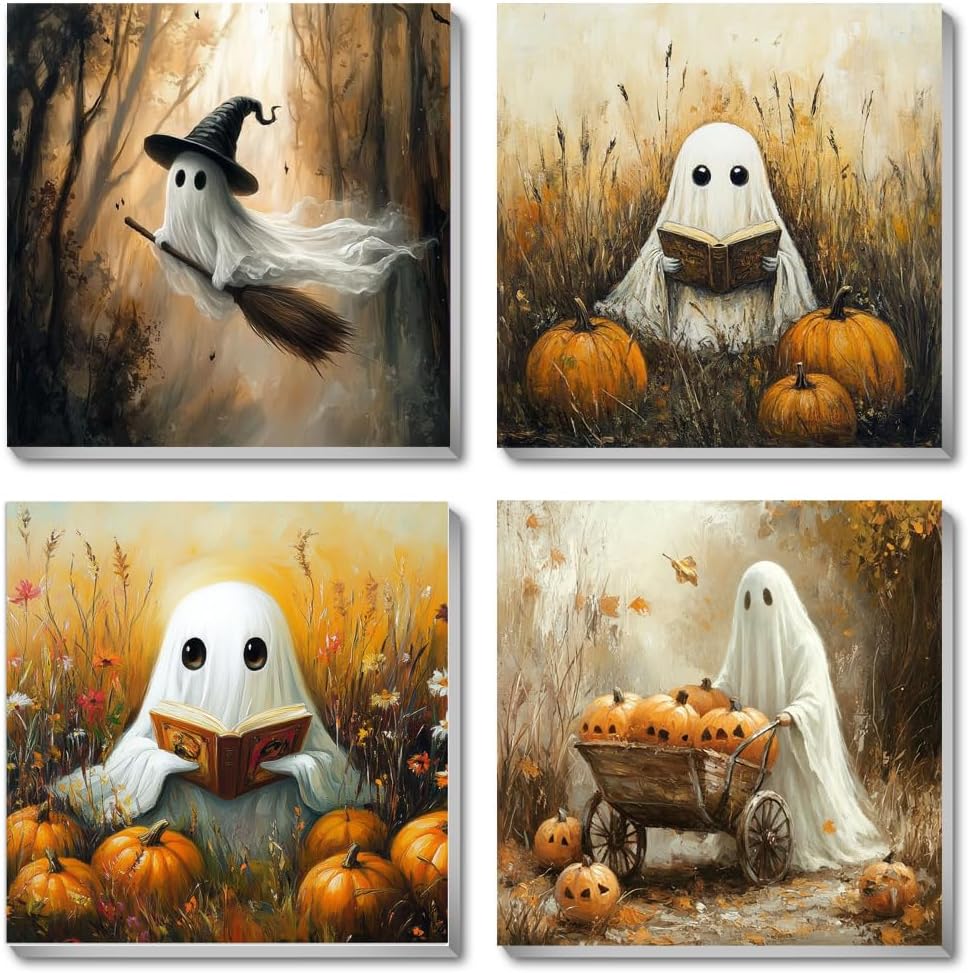 4 Pack Halloween Framed Paint by Numbers Kit for Adults Beginners, Ghost Pumpkin Adult Paint by Number Kits on Canvas, DIY Acrylic Oil Painting by Number for Kids & Adults for Home Decor 8x8 Inchs