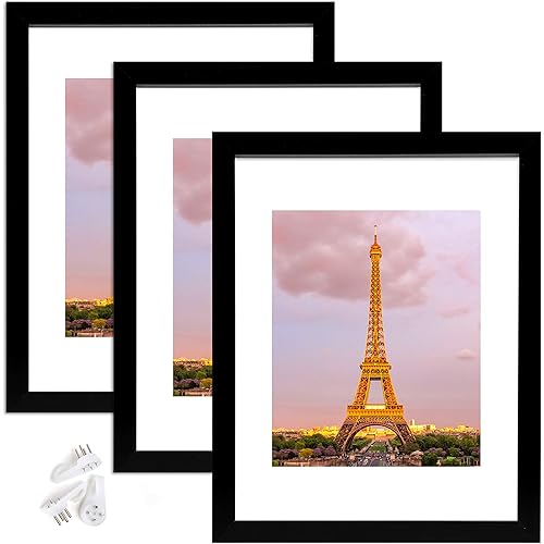 upsimples 11x14 Picture Frame Set of 3, Made of High Definition Glass for 8x10 with Mat or 11x14 Without Mat, Wall Mounting Photo Frames, Black