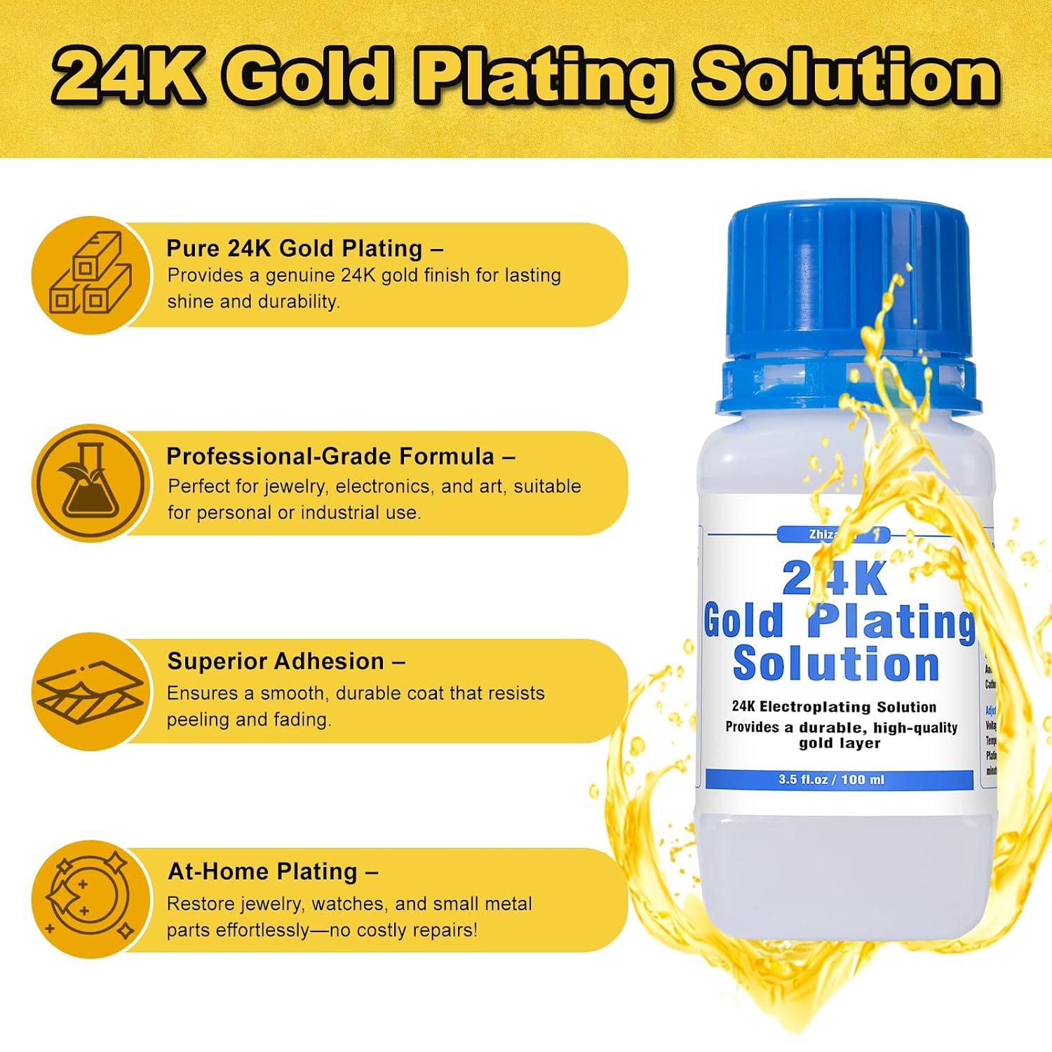 24K Gold Plating Solution - Intended for Bath Electroplating Equipment | High-Purity 24K Electroplating Solution, Immersion Plating, 7 oz