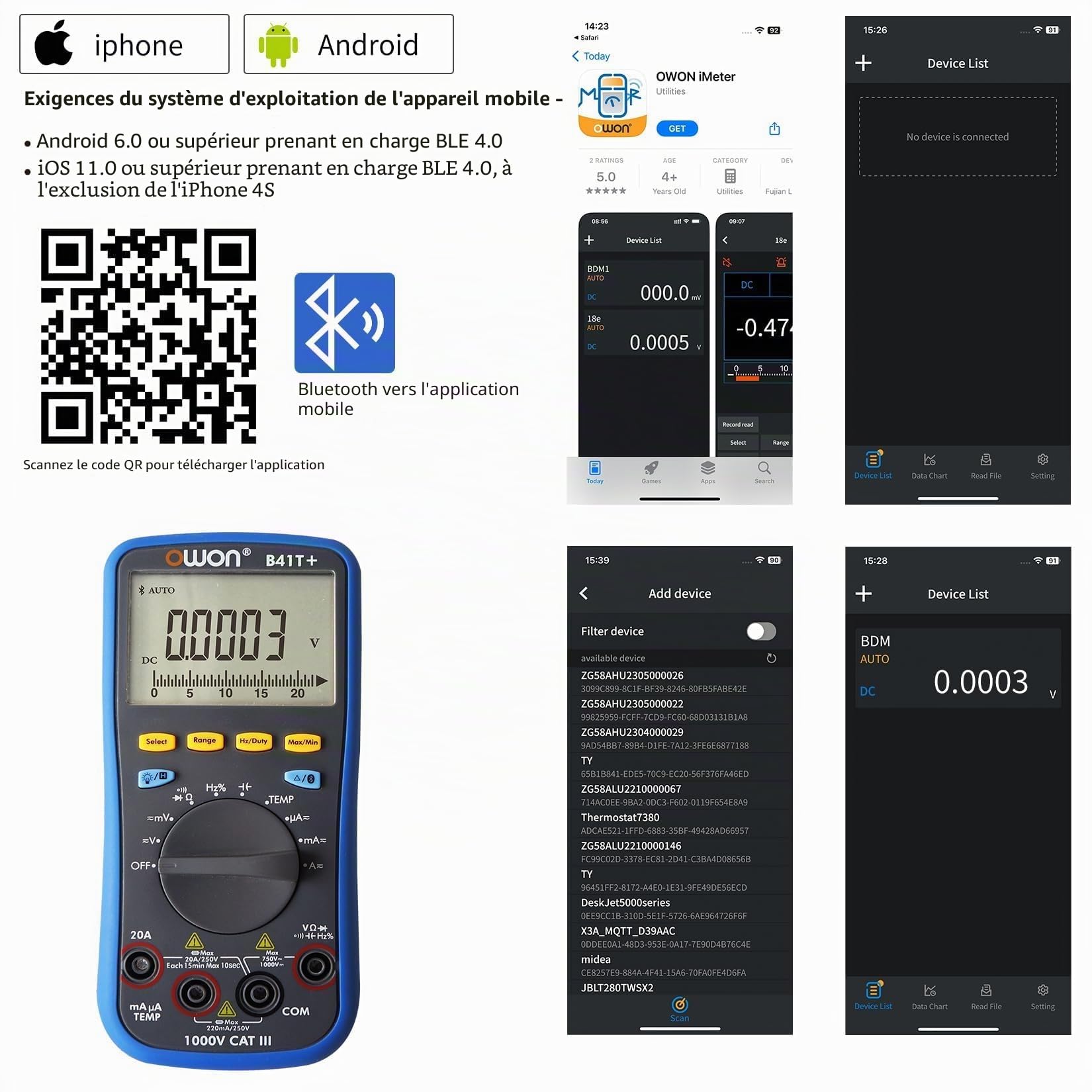 OWON B41T+ Multimètre numérique Bluetooth TRMS à plage automatique 22000 Ohmmètre pour tension AC/DC, courant, résistance, continuité, capacité, diodes, mesure de température, voltmètre pour automobil