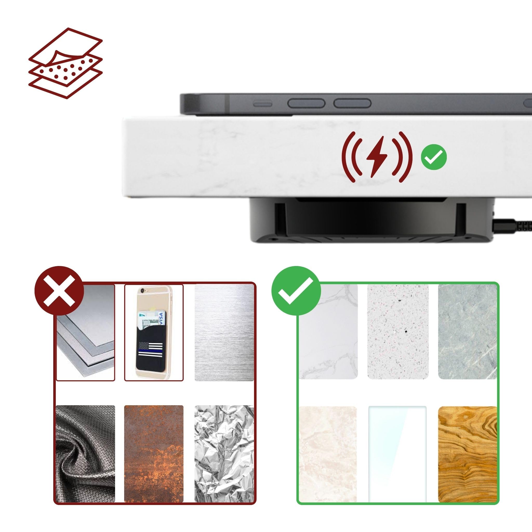 Kalb | DualCharge caricabatterie wireless da 10 W con uscita USB da 15 W, supporto fino a 30 mm, invisibile, caricatore a induzione con ventola, alimentatore di rete, cavo da 1200 mm