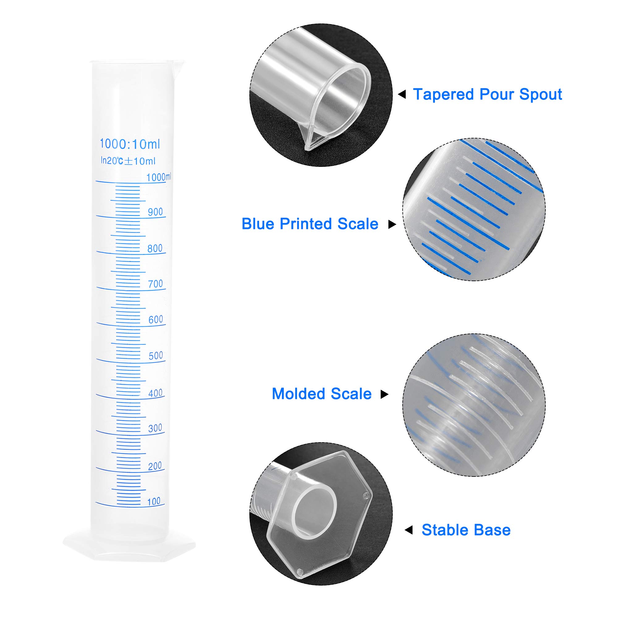 sourcing map Plástico Graduado Cilindro, 50ml 100ml 250ml 500ml 1000ml Medición Cilindro, Doble Cara Métrico Marcado, Transparente Hexagonal Base, 5 En 1 Juego