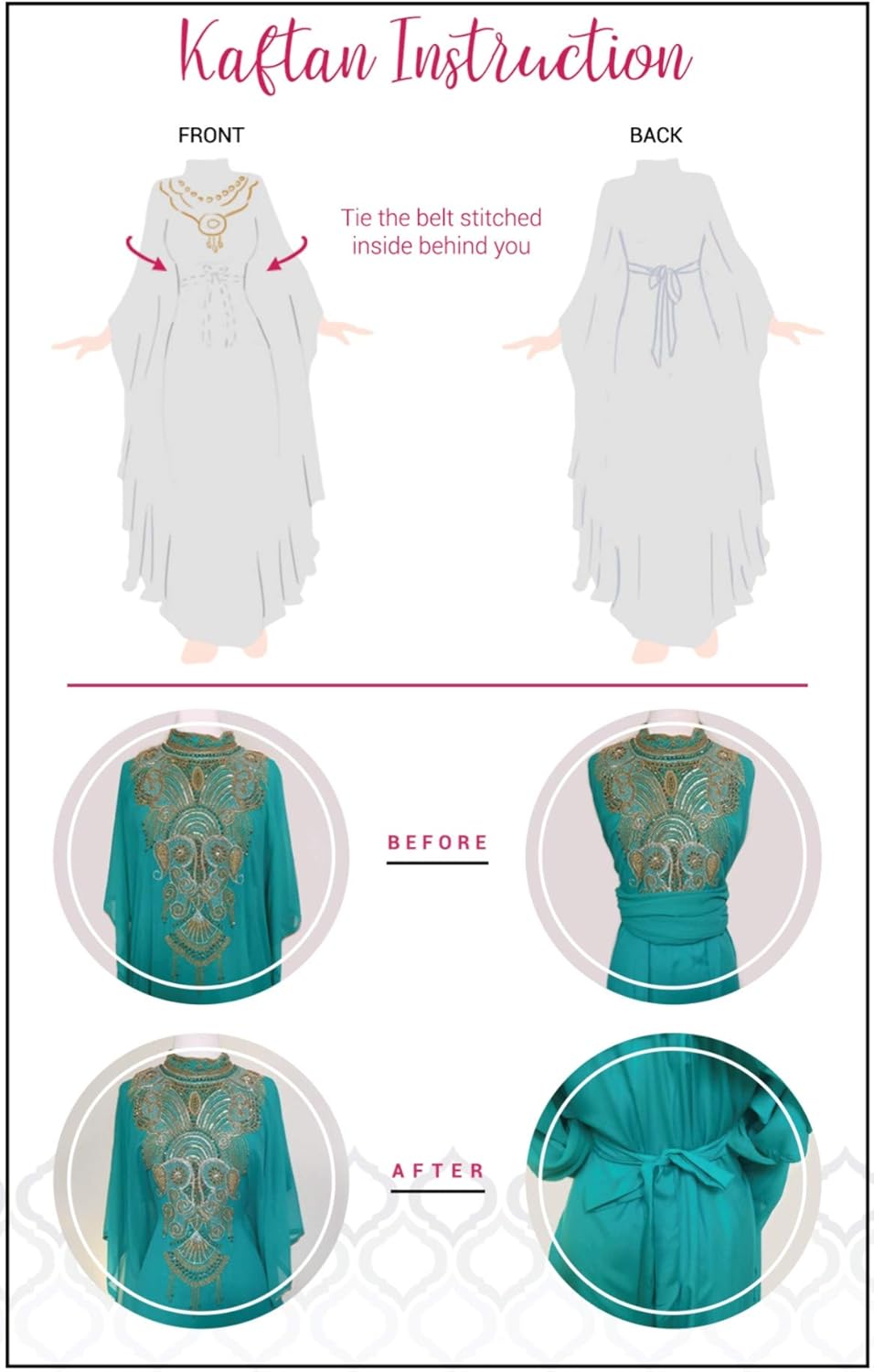 Covered Bliss Elena Crystal and Gold Beading Kaftan for Women ¾ Sleeve Chiffon Hidden Waist Strap