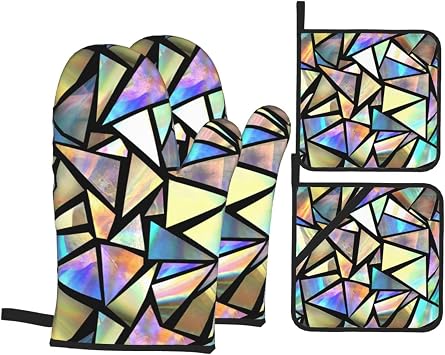Iridescent Bright Triangles Oven Mitts and Pot Holders Set of 4, Oven Mittens and Potholders Heat Resistant Gloves for Kitchen Cooking Baking Grilling BBQ