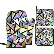 Iridescent Bright Triangles Oven Mitts and Pot Holders Set of 4, Oven Mittens and Potholders Heat Resistant Gloves for Kitchen Cooking Baking Grilling BBQ
