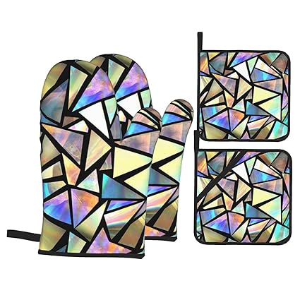 Iridescent Bright Triangles Oven Mitts and Pot Holders Set of 4, Oven Mittens and Potholders Heat Resistant Gloves for Kitchen Cooking Baking Grilling BBQ