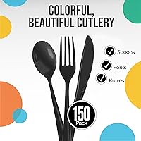 Vista 2 de Party Solids Cubiertos de plástico negro resistente, 150 piezas, cubiertos desechables negros, juegos de utensilios, 50 de cada tenedor, cuchillos