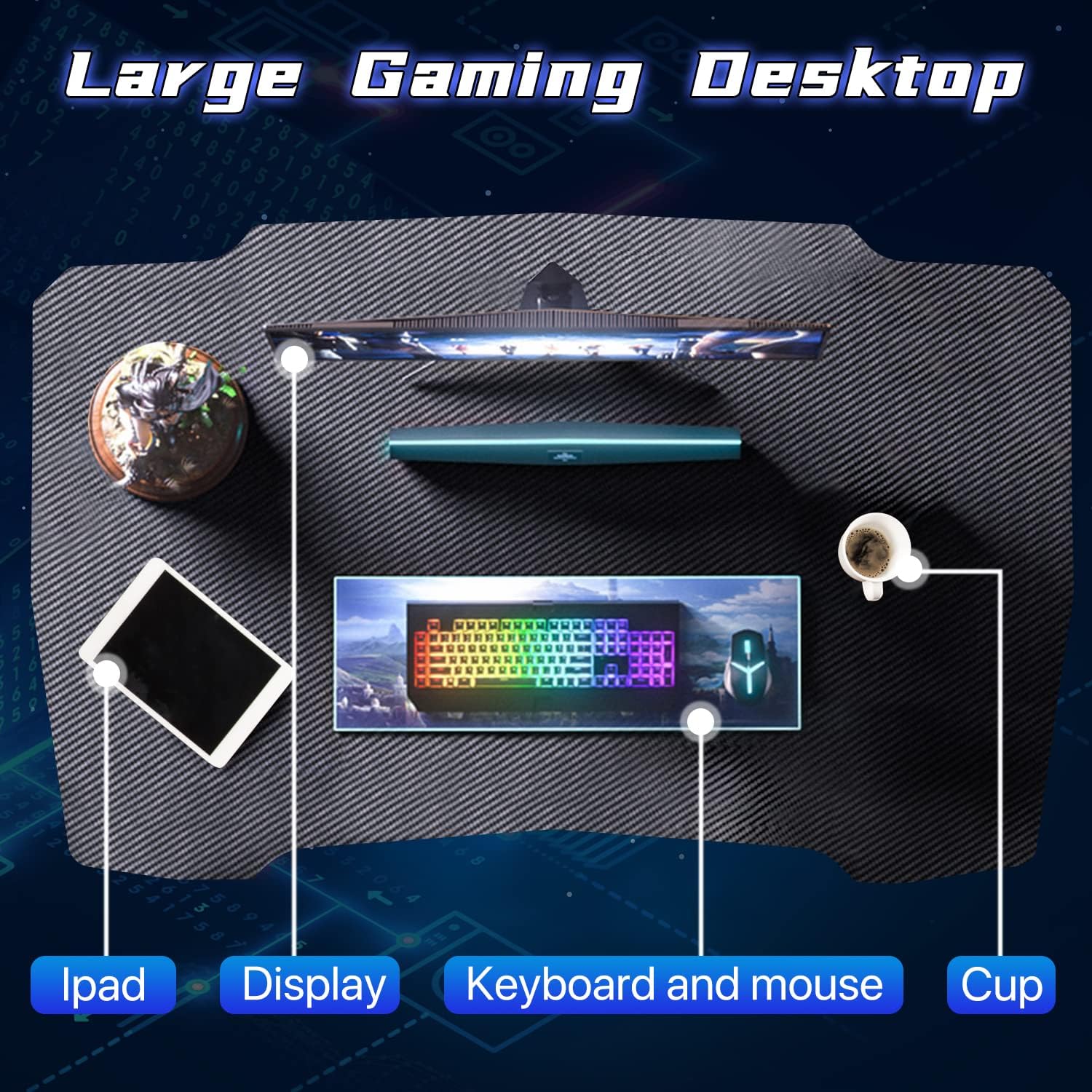 Overhead view of the Dkelincs Gaming Desk showing various items like a monitor, keyboard, mouse, tablet, and cup, illustrating the spacious desktop.