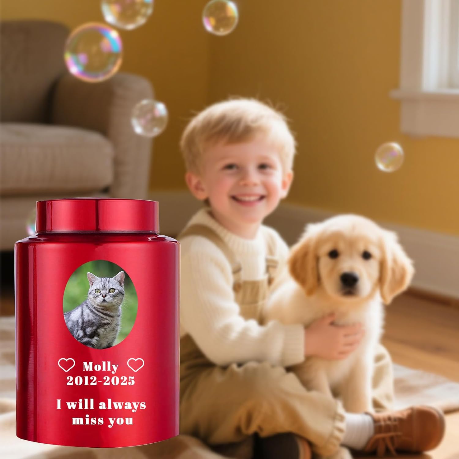 Personalized Pet Urn for Dogs and Cats, Premium Stainless Steel Custom Dog Ashes Urn with Engraving Photo, Name, Date, Keepsake Memorial Pet Urns for Cat Bird Fish (Gold (Cylindrical), Medium)