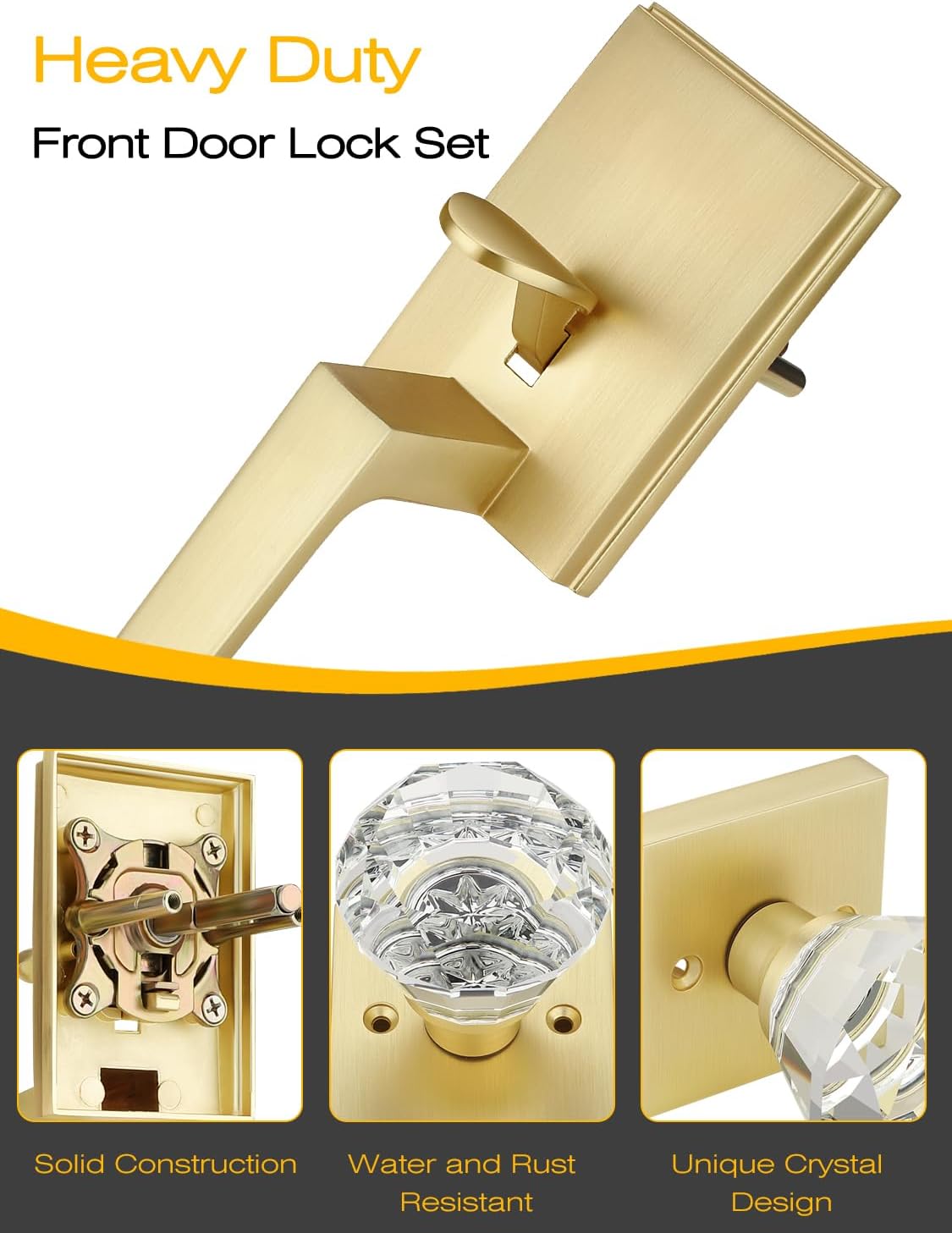 EHOMEWARE Front Door Lock with Single Deadbolt, Brushed Gold Exterior Door Lock Set, Front Door Handle and Crystal Door Knob Set, Reversible Entry Door Handle for Left/Right Doors