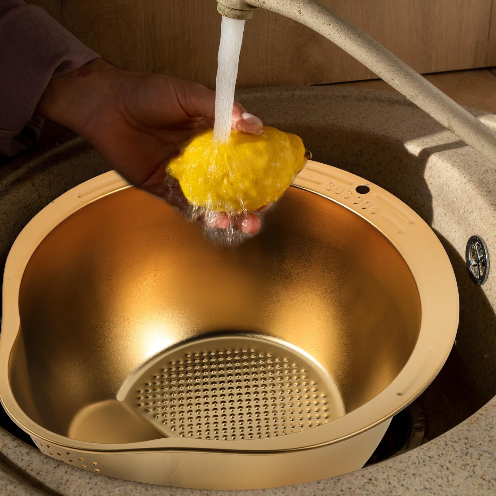 Escurridor de Lavado de Frutas y Arroz Acero Inoxidable Pequeño, Cesta de Malla Fina Dorada, Multiusos para Cocina y Escurrido, Herramienta Práctica para Hogares y Restaurantes