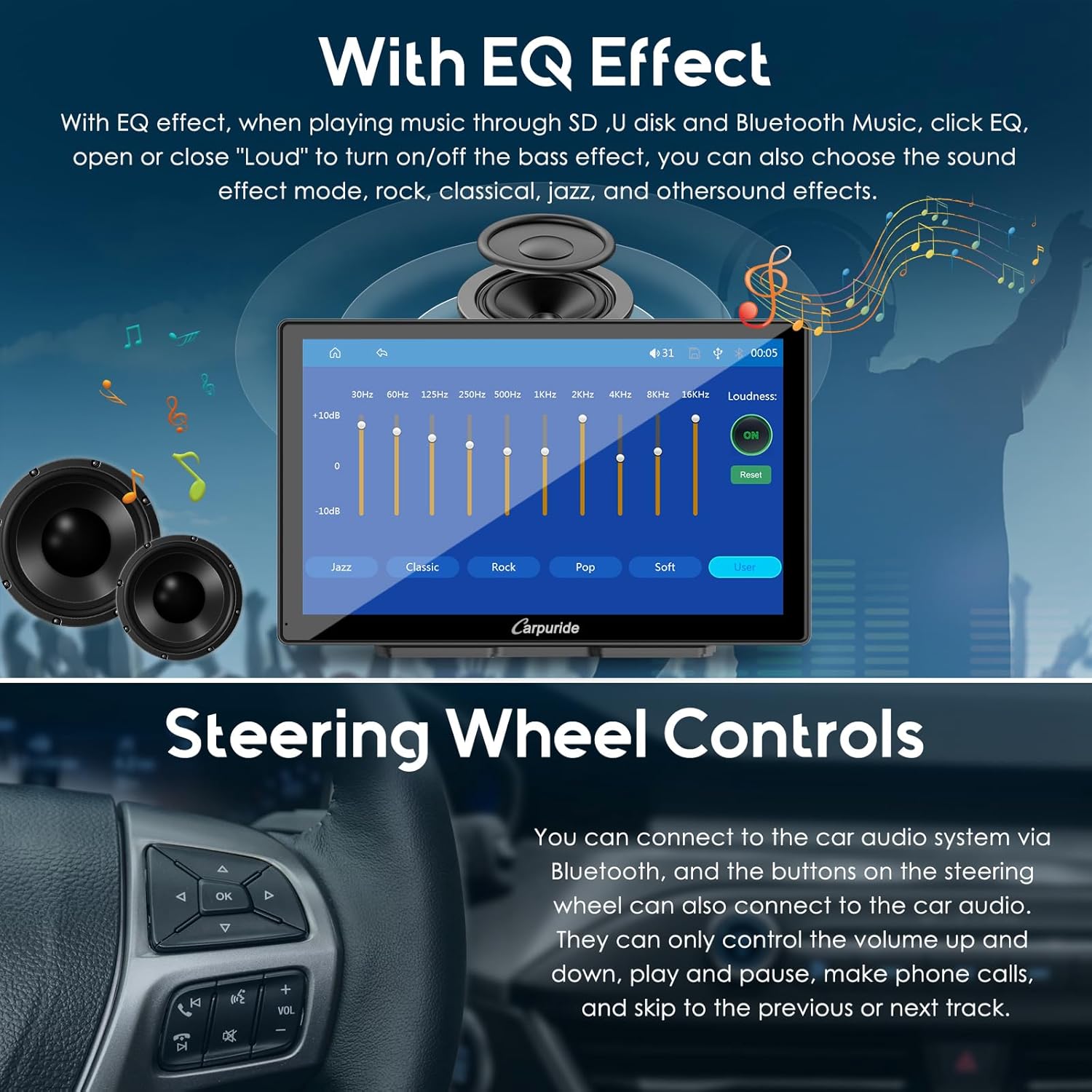 Top half shows EQ settings interface on Carpuride C98 screen. Bottom half shows a steering wheel with controls, indicating compatibility.