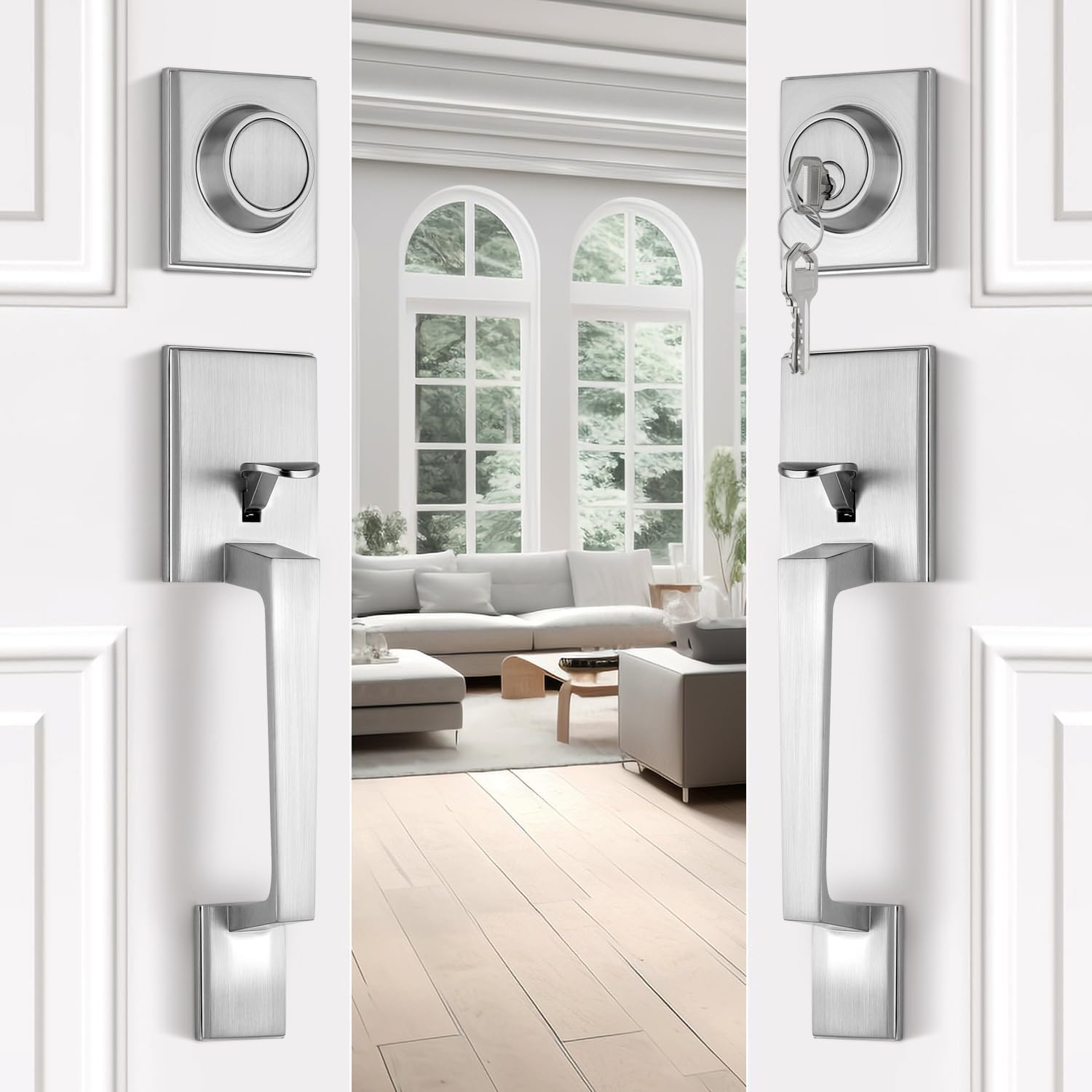 EHOMEWARE Double Front Door Lock Set, Brushed Nickel Double Door Handle Set, Exterior Door Handle with Deadbolt and Dummy, Heavy Duty Front Door Hardware, Reversible Door Lever for Left/Right Doors