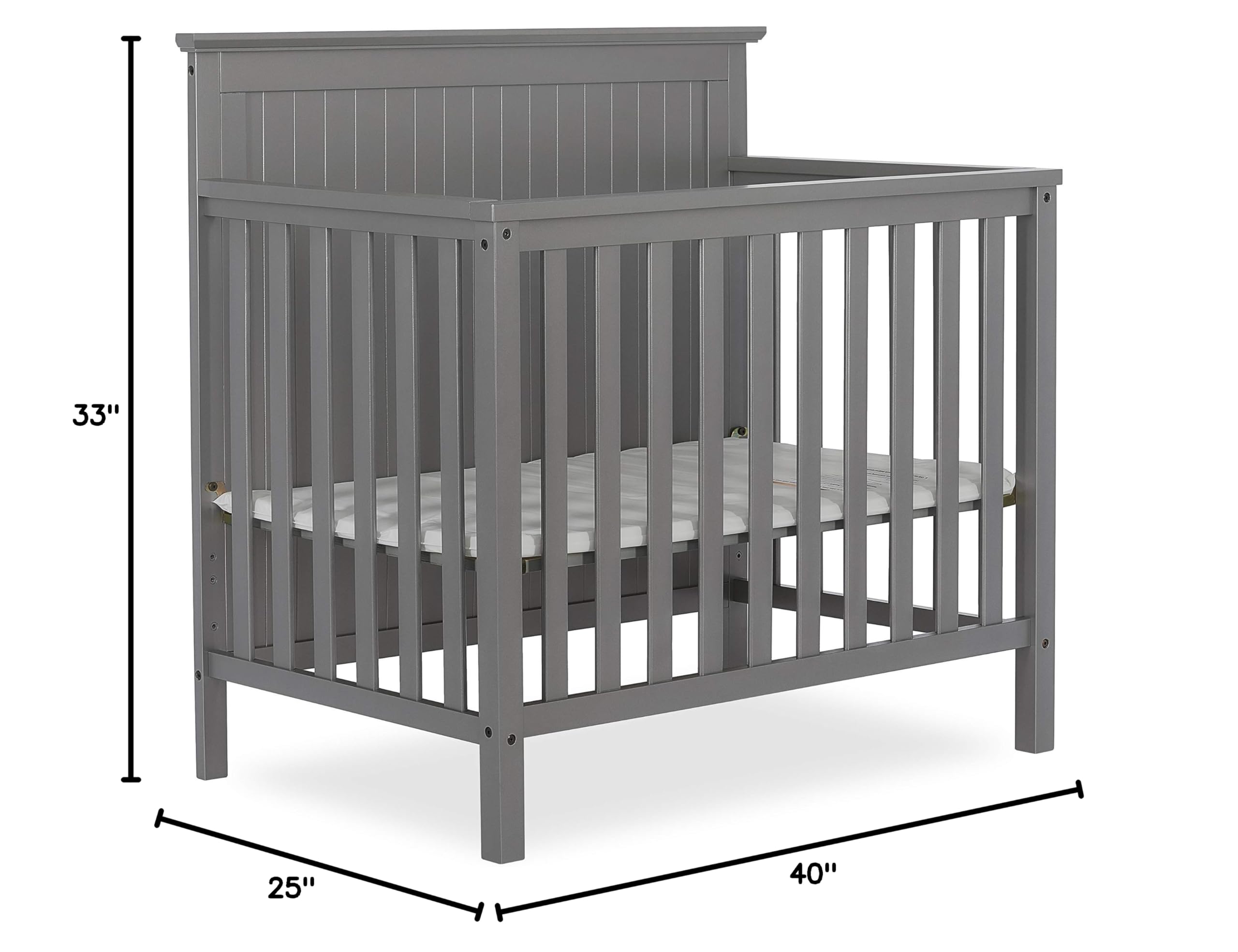 Dream On Me Ava 4-in-1 Convertible Mini Crib in Steel Grey, Greenguard Gold Certified, Non-Toxic Finish, Comes with 1" Mattress Pad, with 3 Mattress Height Settings