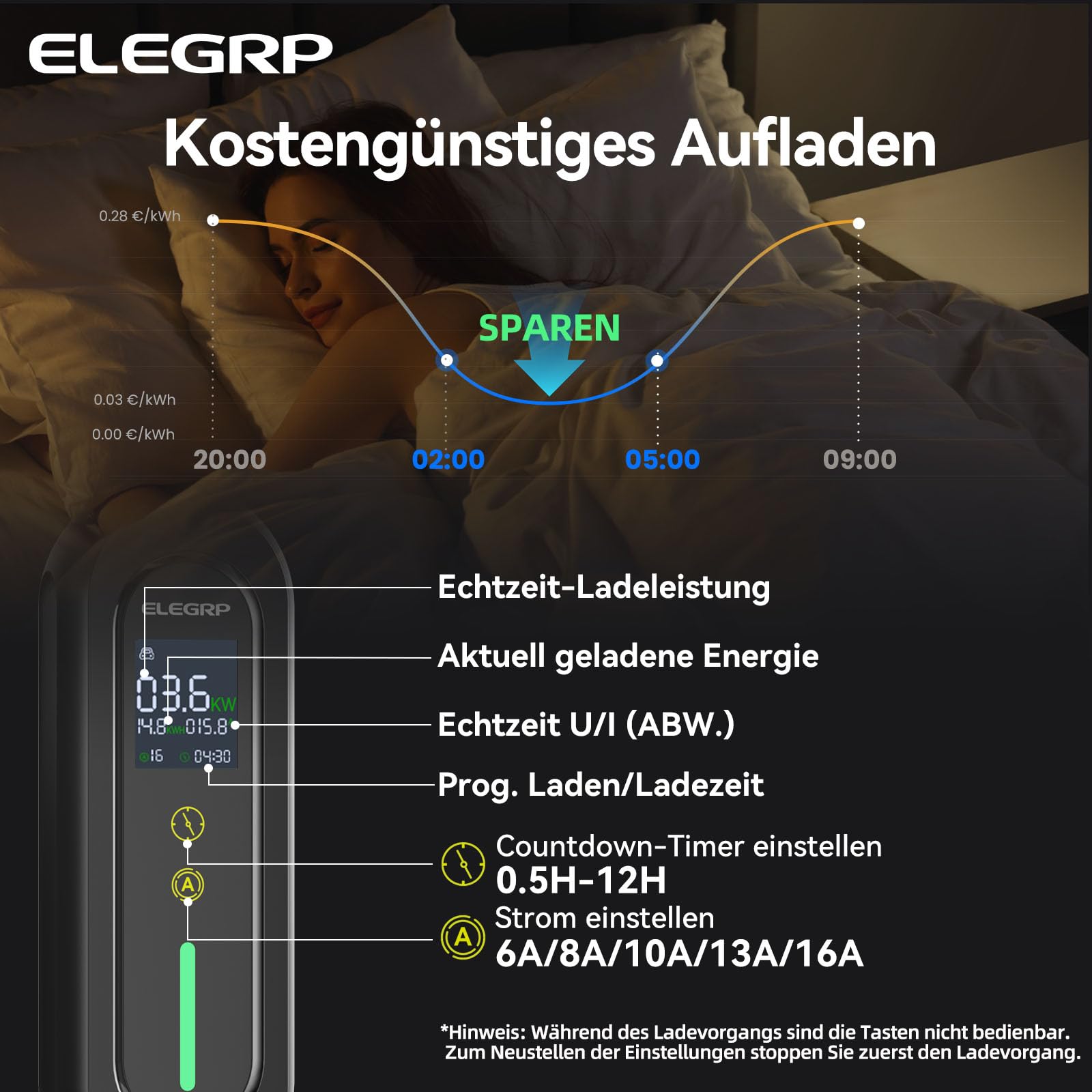 ELEGRP Typ 2 Ladekabel Schuko 7m, 3,68kW (1-phasig, 6-16A einstellbar) – Mobile Ladestation mit verzögertem Ladestart, IP66 wasserdicht, Plug & Play, kompatibel mit EVs & PHEVs (IEC 62196-2)