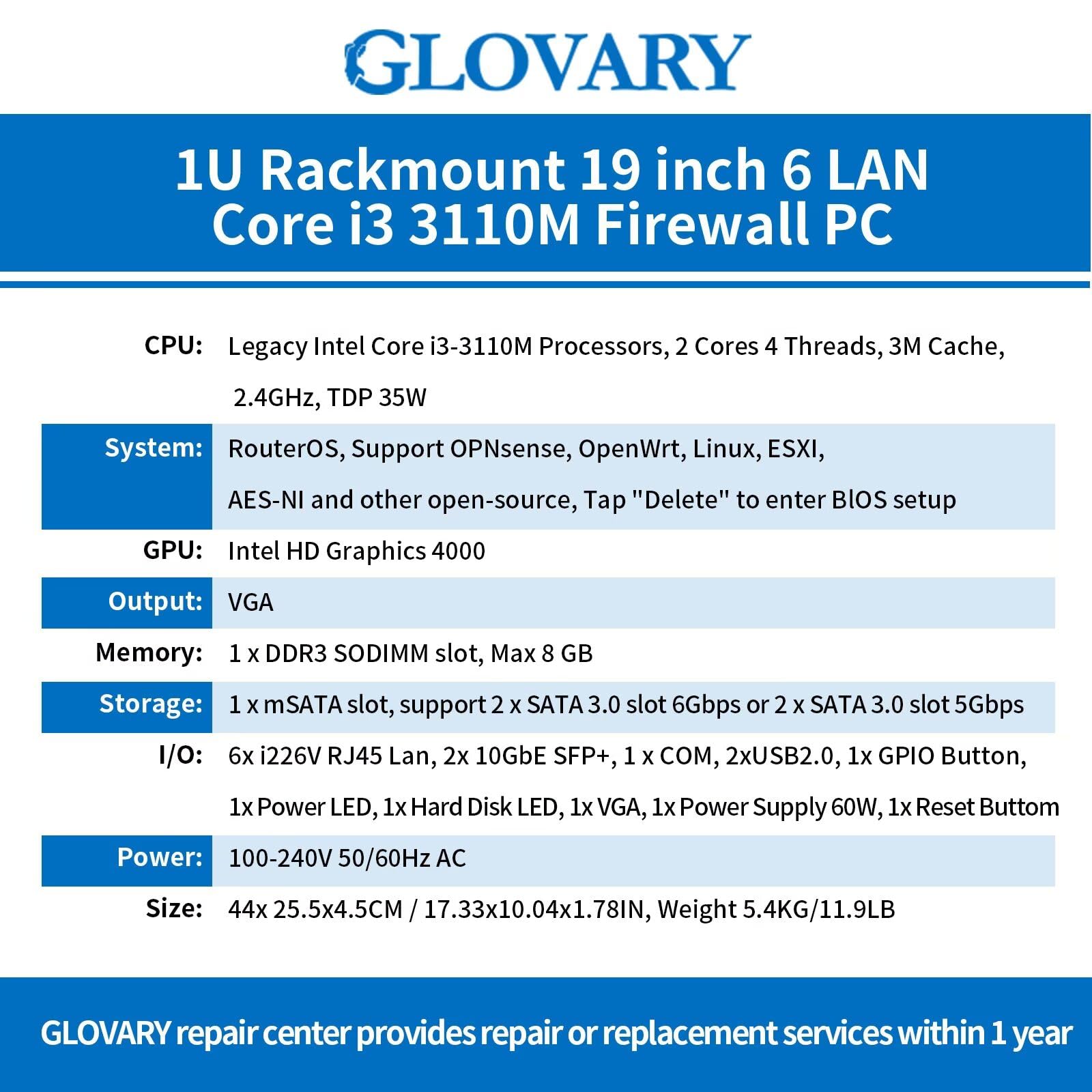 1U Rackmount Firewall i3 3110M, 2 x 82599ES 10 GB SFP+, 6 x i226V 2,5 GbE LAN OPNsense Hardware, U6, AES-NI, Barebone, 19" Router PC, urządzenie sieciowe, VGA, COM