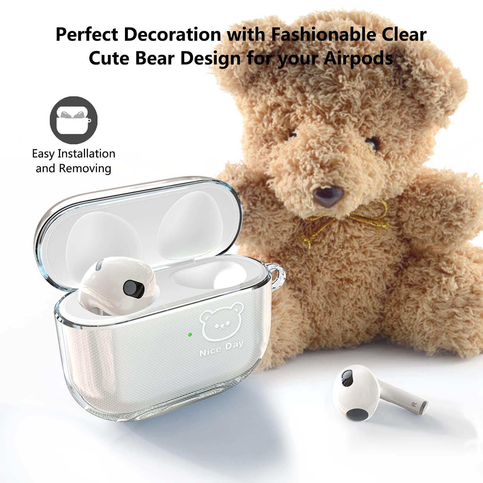 Aircawin for Airpods 3 Case,Clear Cute Bear for AirPods 3rd Generation Cover 2021,Protective Soft TPU Shockproof Airpod 3 Protector Skin with Carabiner&Bear Handchain for Women Girls-Crystal