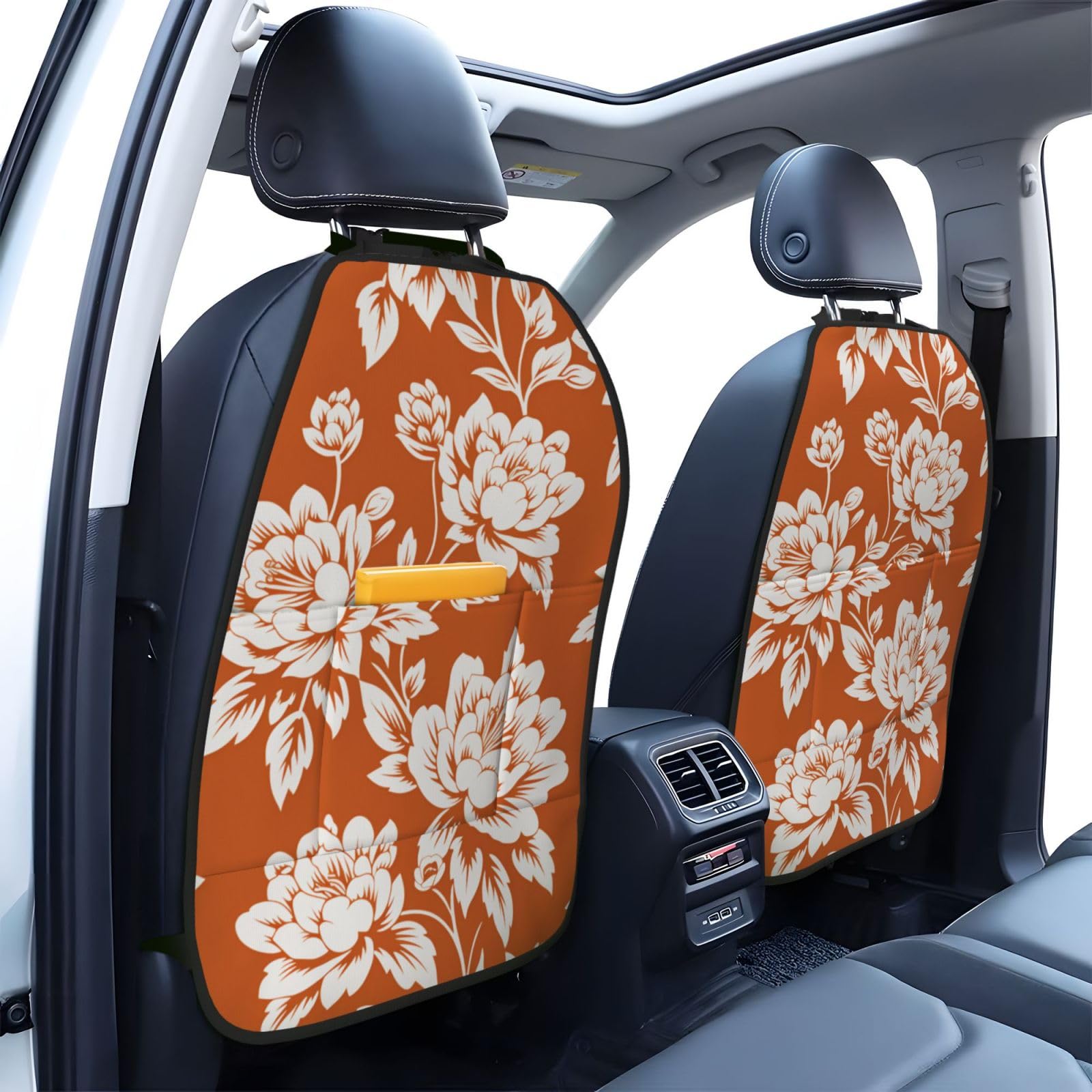 Orange Large Flower Pattern Car Seat Back Kick Protectors,2 Pack Kick Mats With Storage Pockets For Vehicles To Protect From Dirt Mud Scratches