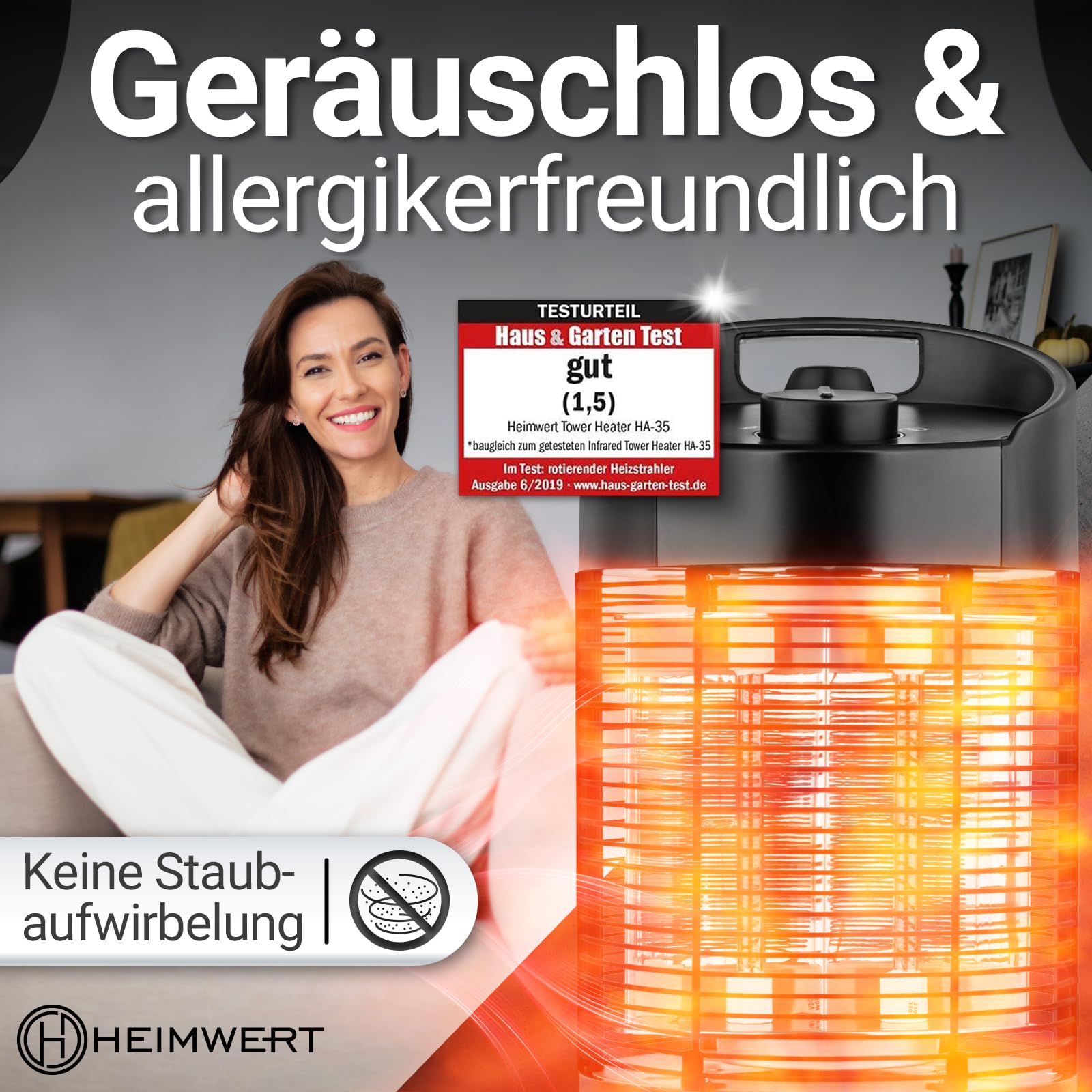 Heimwert Stufa a infrarossi – Riscaldamento istantaneo per terrazza e interni, mobile ed efficiente, silenzioso e anallergico, molto buono (altezza 41 cm)