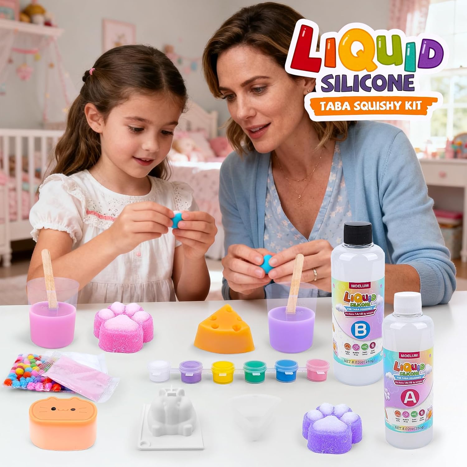 DIY Taba Squishy Kit with 6 Molds - 18OZ Bubble Free Liquid Silicone, Fast 2-3H Cure with Easy Guide, Ultimate Craft Gift for Beginners
