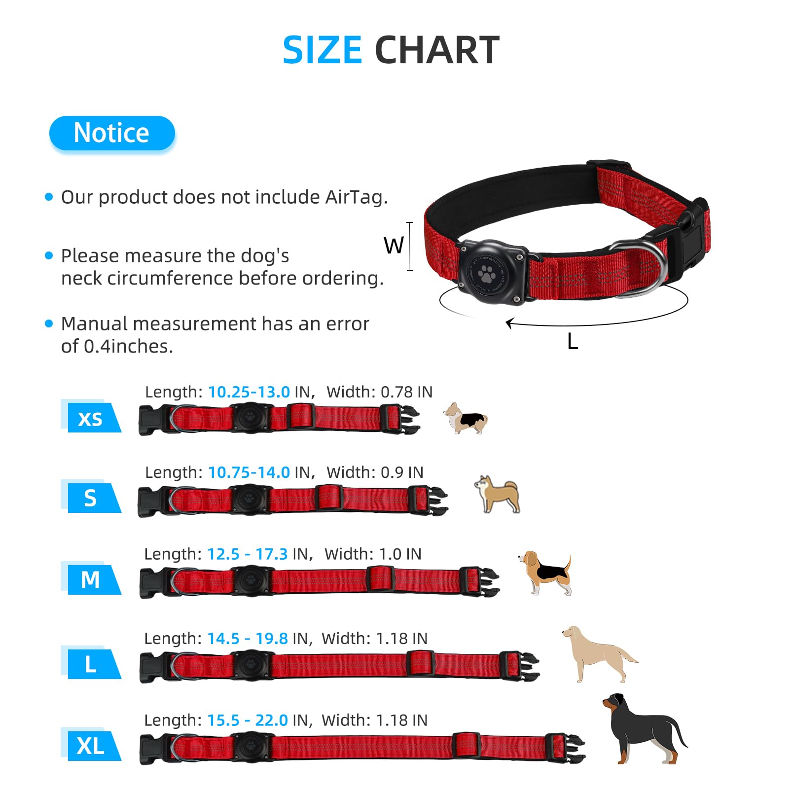 Collar de perro AirTag mejorado, soporte impermeable IP68 para collar de perro, reflectante, ultraduradero, cómodo acolchado, collares de perro resistentes para perros pequeños, medianos y grandes (L