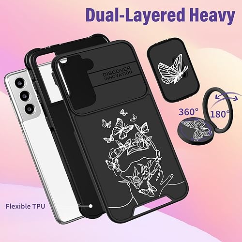 Miniatura 5 de Funda 2 en 1 para Samsung Galaxy S21 para mujer, bonita funda de teléfono con diseño de mariposa blanca con funda para cámara y soporte de anillo