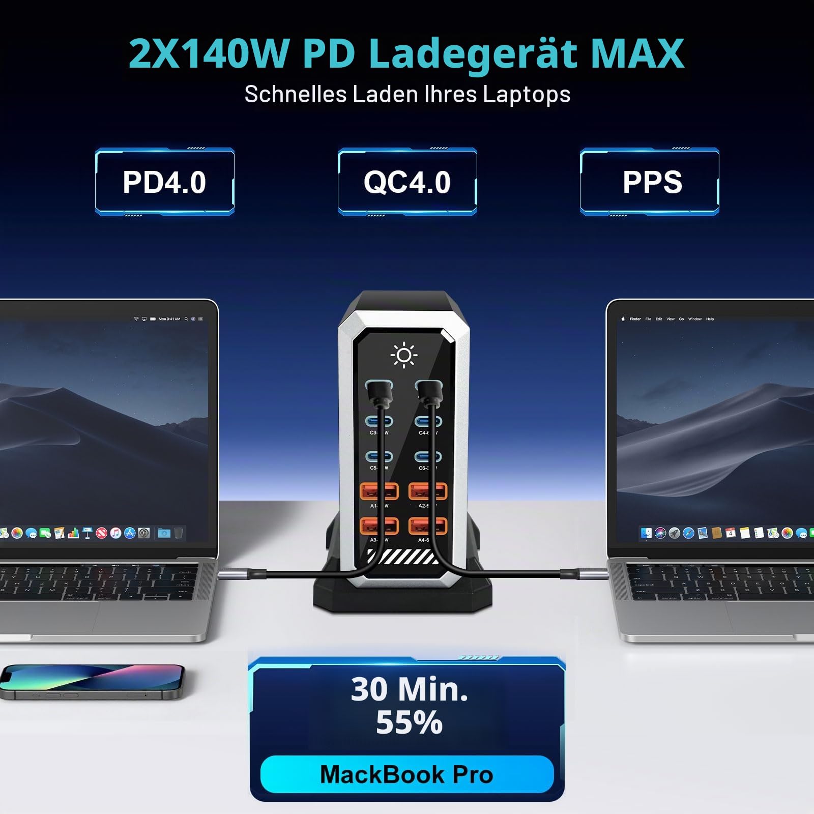 10 in 1 & 660W USB C Ladegerät Mehrfach, GaN III USB Schnellladegerät Mehrfach mit 6 x USB-C + 4 x USB-A, Power Delivery Ladestation USBC für MacBook Pro/Air, Phone, iPad, Galaxy mehr (Schwarz)
